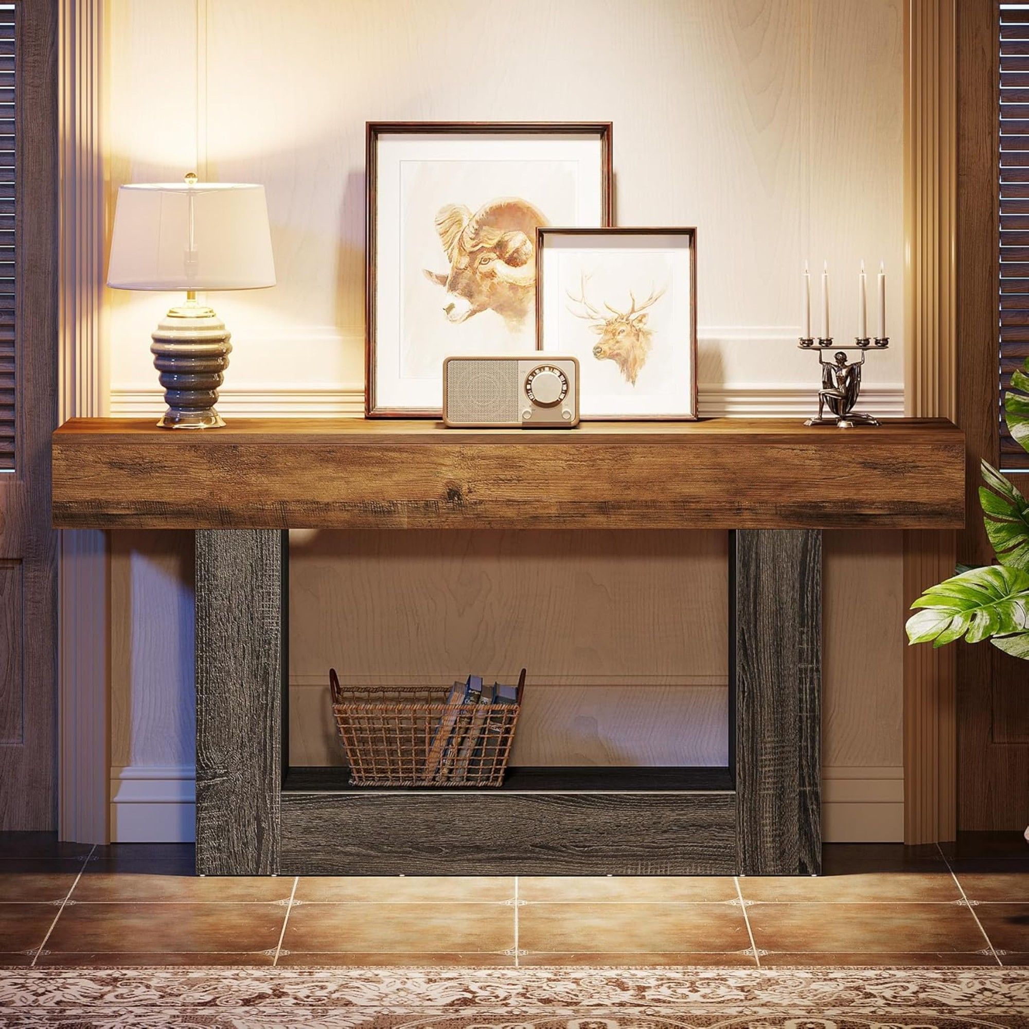 Console Table With 2 Tier Storage, U Shaped Base