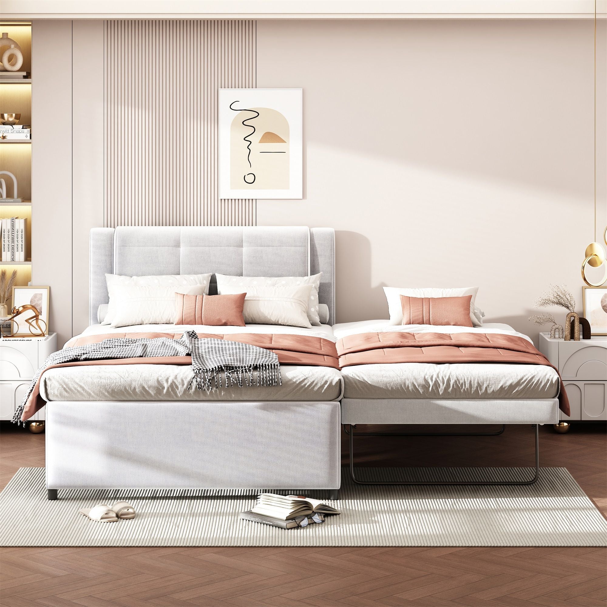 Upholstery Platform Bed With Trundle, Trundle Can Be Flat Or Erected