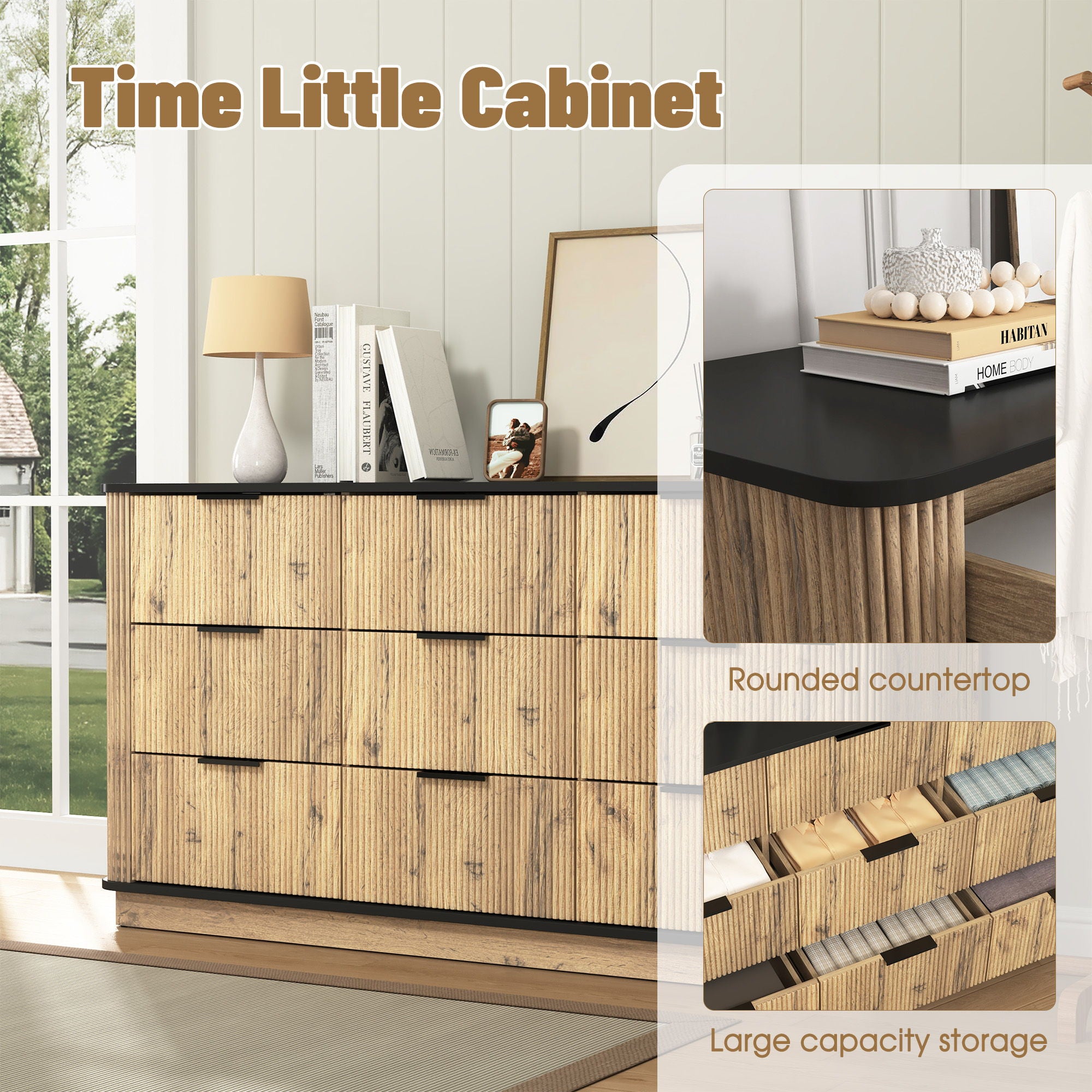 Modern 9 Drawer Cabinet With Metal Rounded Corners Multi Functional Storage - Black