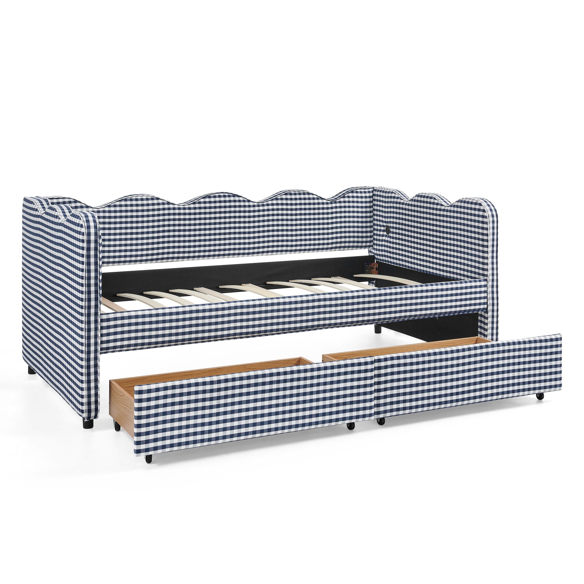 Gingham Daybed With USB Charging Port, Wave-Shaped Design