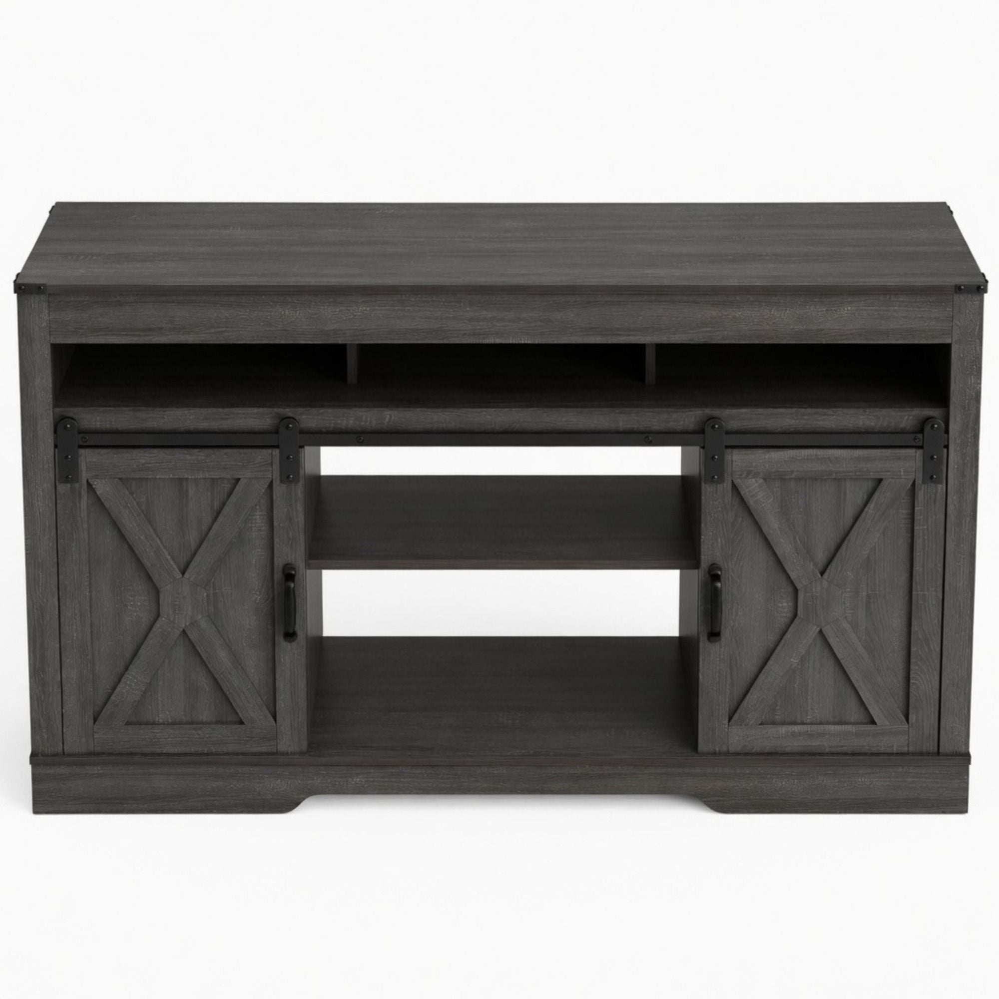 Farmhouse TV Stand With Sliding Barn Doors & Adjustable Storage