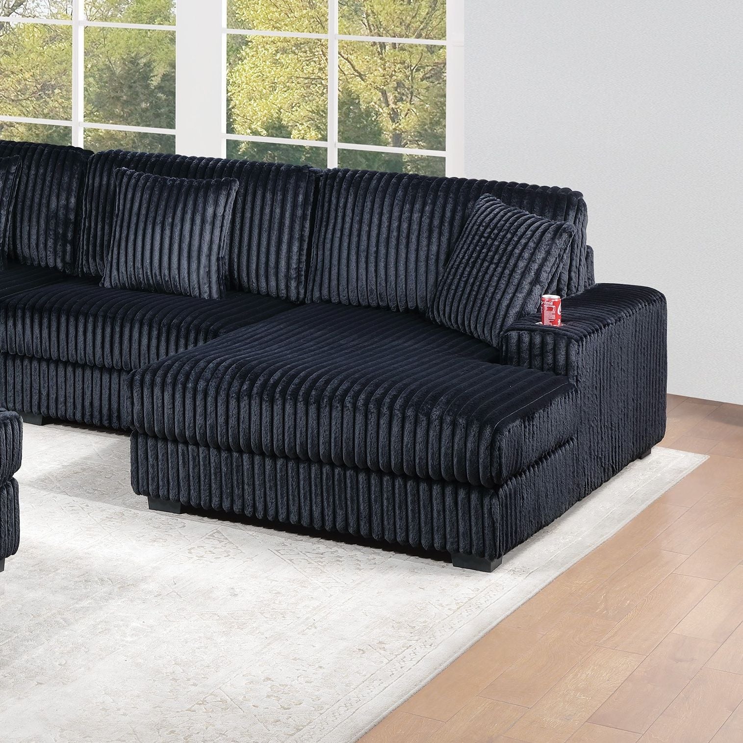 1 Piece Right Arm Facing Chaise With Cup Holder Only Modular Piece Texture Upholstered Living Room Furniture - Black