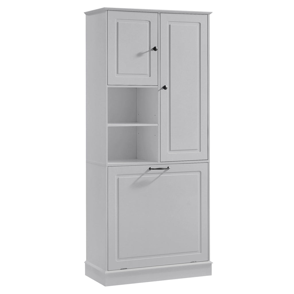 Modern Tall Storage Cabinet With Adjustable Shelves, Flip-Out Basket & Enclosed Doors