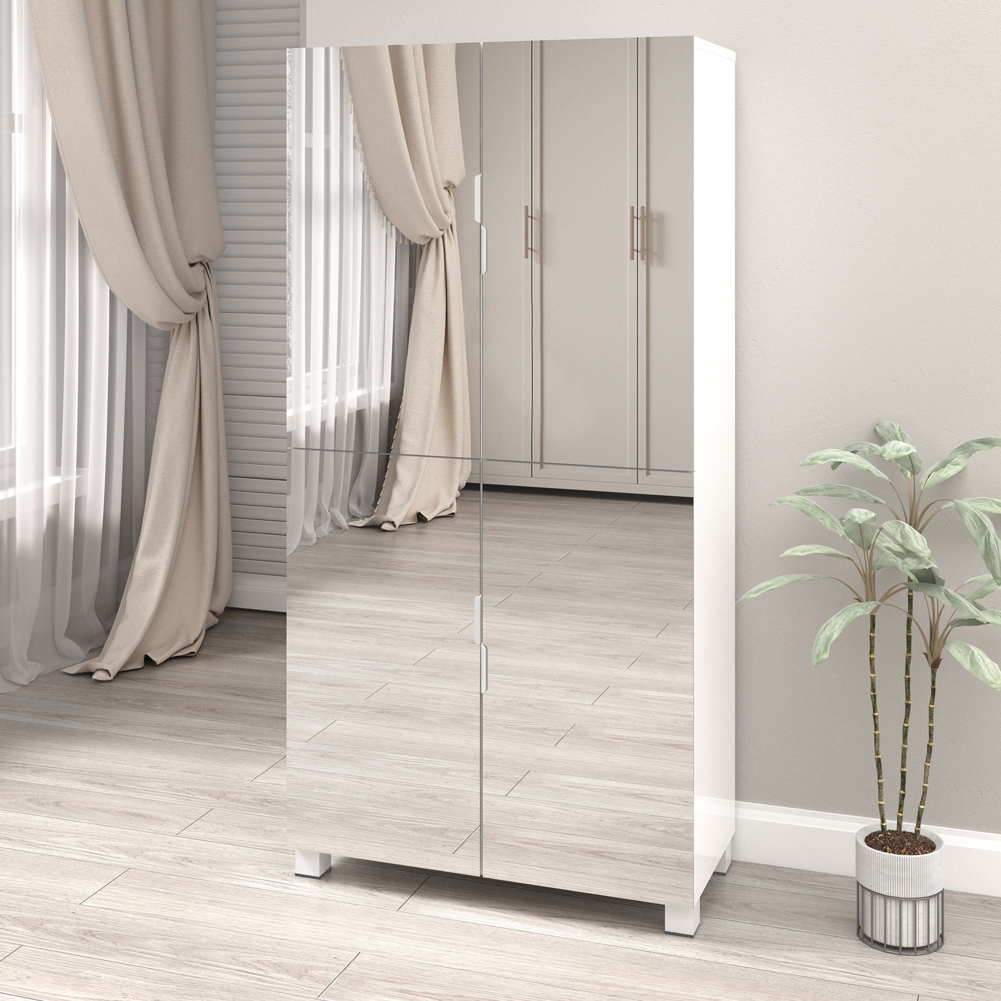 Shoe Cabinet With 4 Mirror Doors 50" Tall Entryway Storage, 8 Adjustable Shelves, Holds 24 32 Pairs (Size 15), Dust Proof Closet For Hallway / Apartment, Ventilation Holes - White