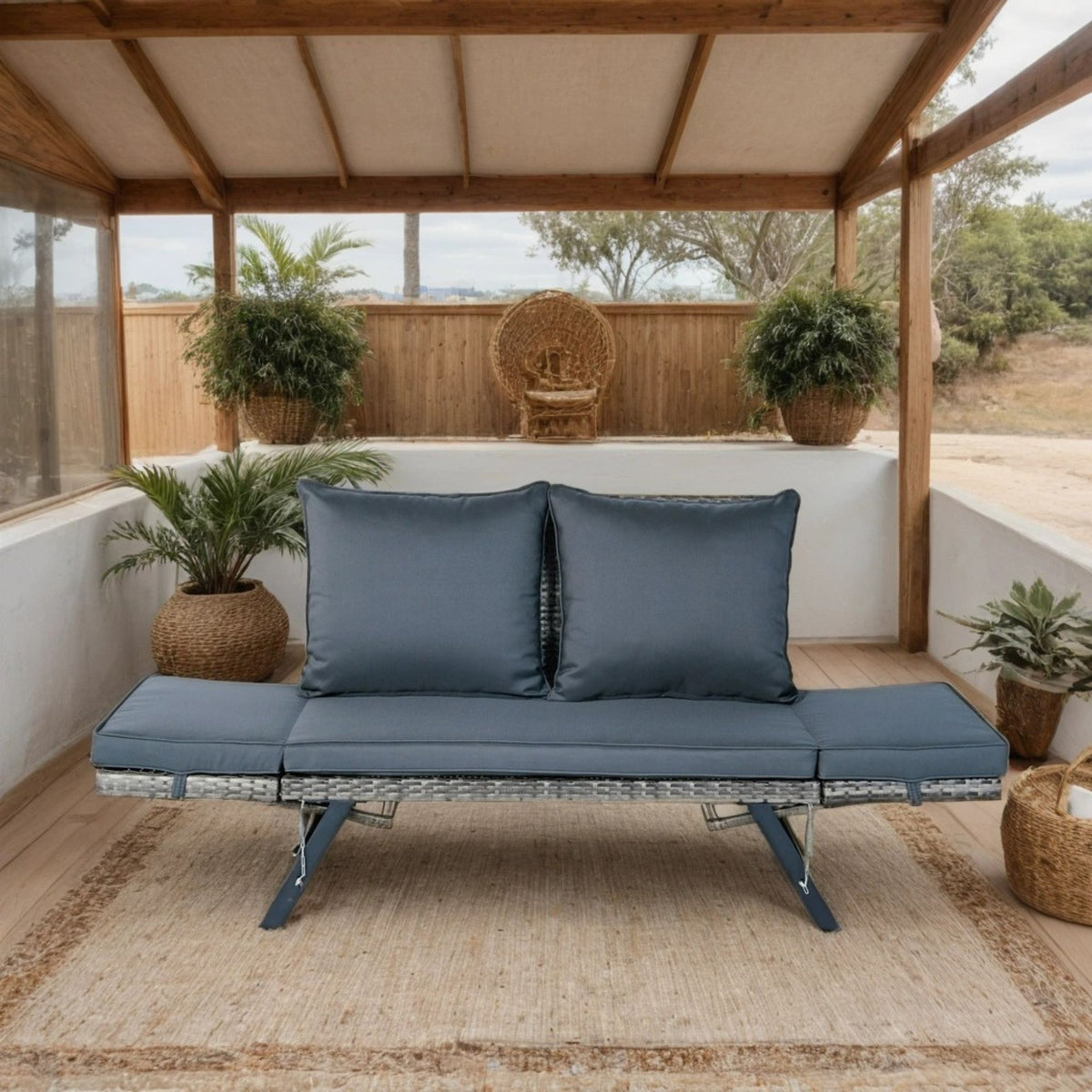 1 Pieces Patio Wicker Side Foldable Bench Patio Backyard Conversation Bench Gray Wicker - Dark Gray / Gray