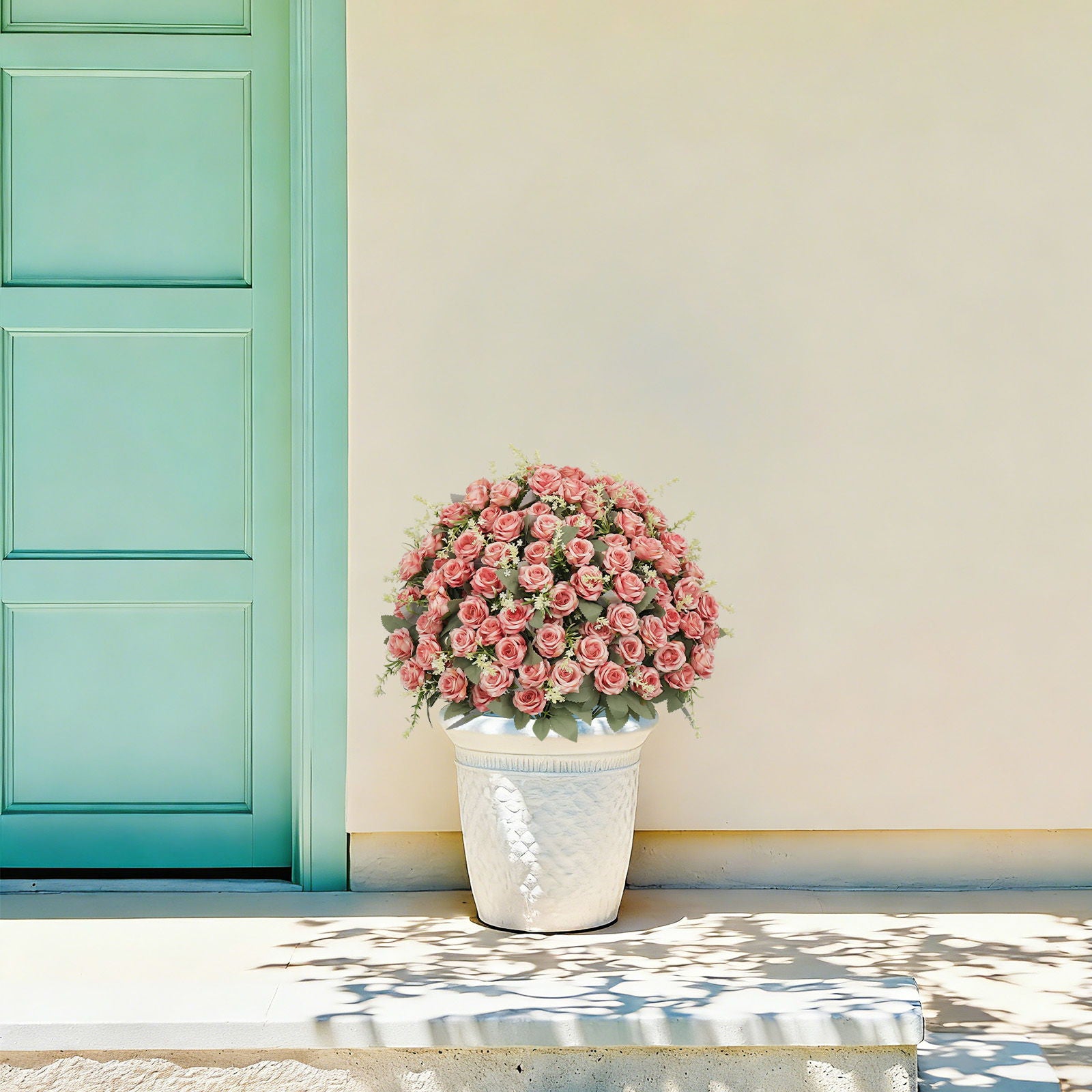 Artificial Rose Decoration With UV Resistant Silk Petals, Durable Stems In Cement Pot, Indoor Outdoor Potted Floral Arrangement - Green / Pink
