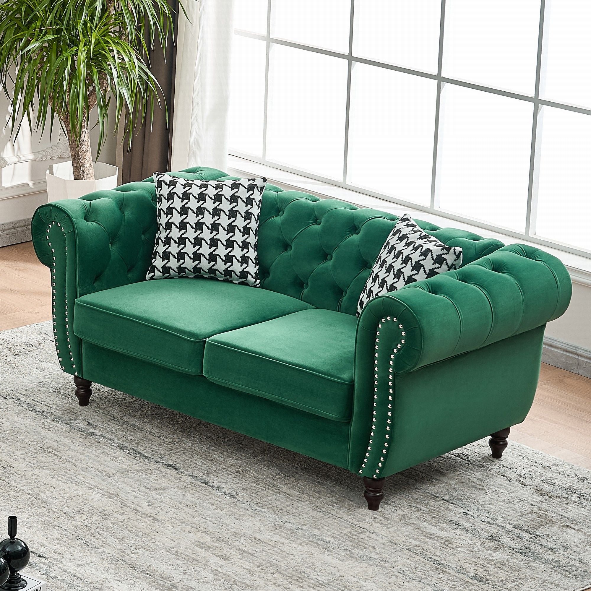 Chesterfield Fabric Sofa With Roll Armrest And Nailhead, Mid Century 2 Seater Couch