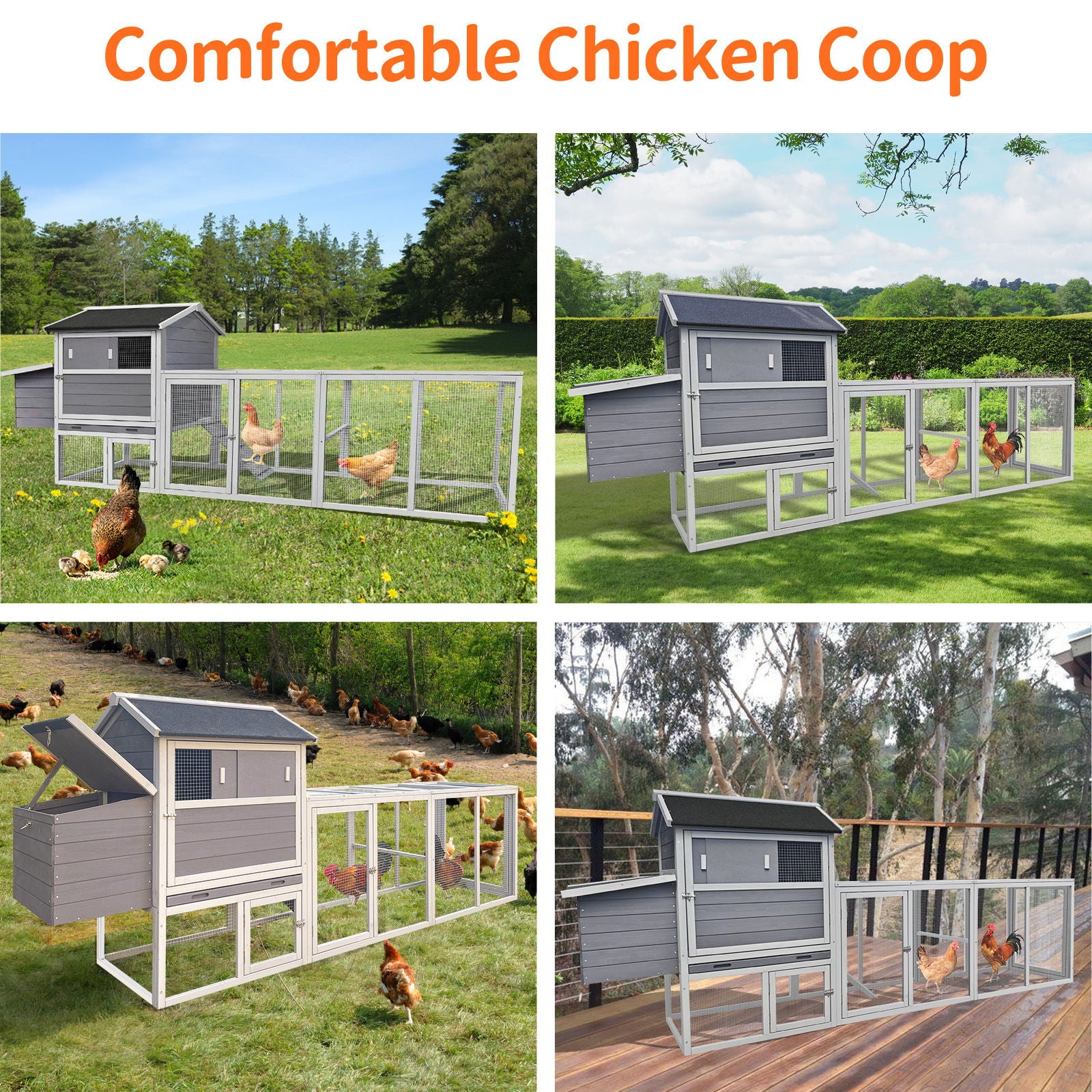 Chicken Coop, Large Outdoor Hen House With Run And Nesting Box Poultry Cage