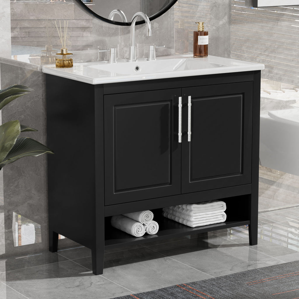 36" Bathroom Vanity With Sink, Frame Cabinet With Doors And Drawers - Black