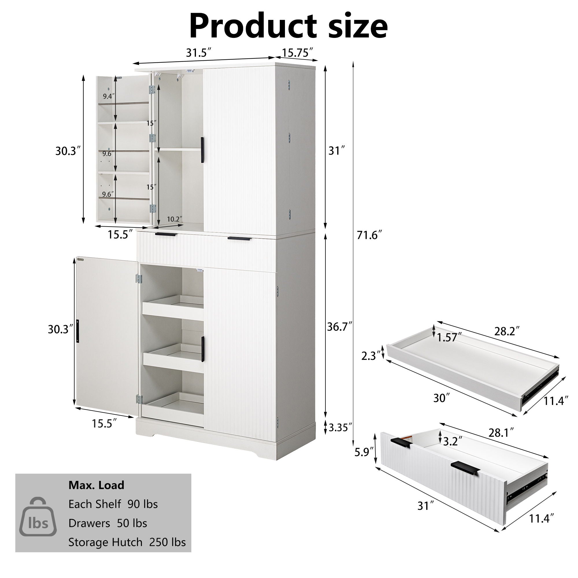 Fluted Kitchen Pantry Cabinet With 3 Keyboard Drawers & 6 Adjustable Door Shelves