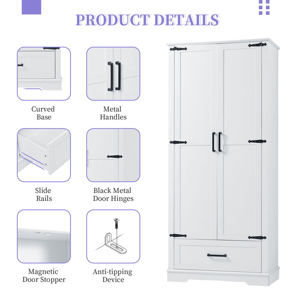 Tall Bathroom Storage Cabinet With 2 Doors And 2 Drawer, Adjustable Shelf - White
