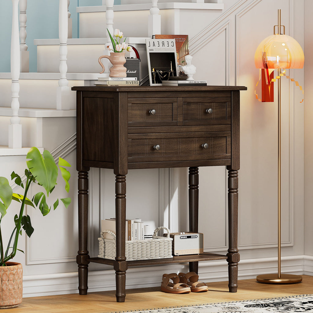 Narrow Console Table With 3 Storage Drawers And Bottom Shelf - Brown