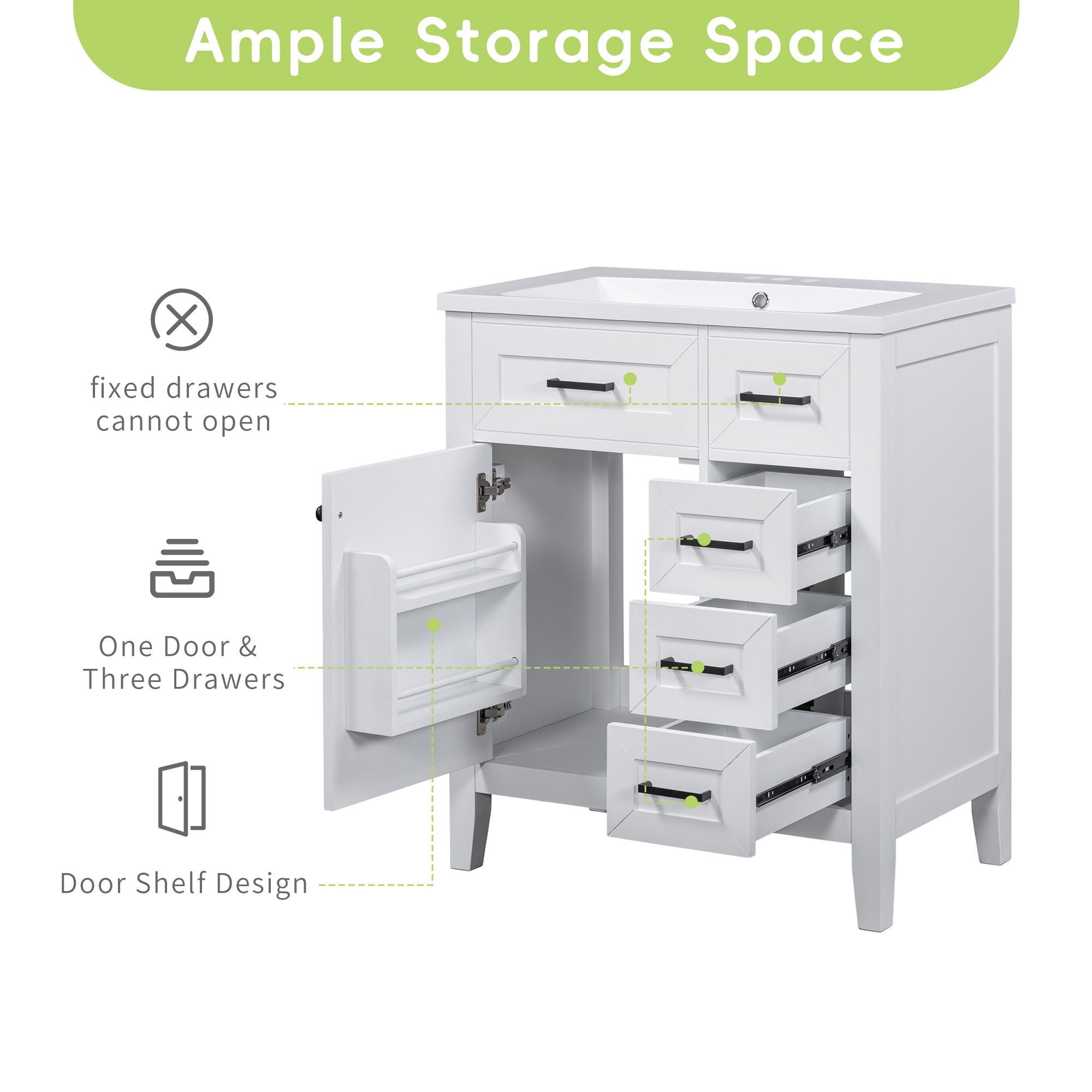 Modern Bathroom Vanity With Sink Combo, 3 Drawers, Undermount Drop-In Sink