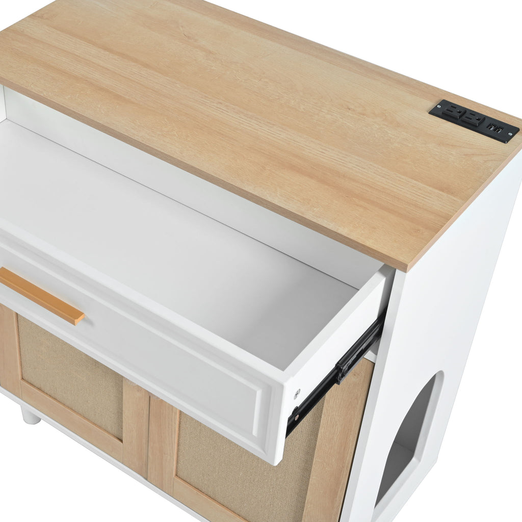Pet Friendly Furniture Style Cat Litter Box House With Sisal Scratching Door And Charging Socket - Beige / White
