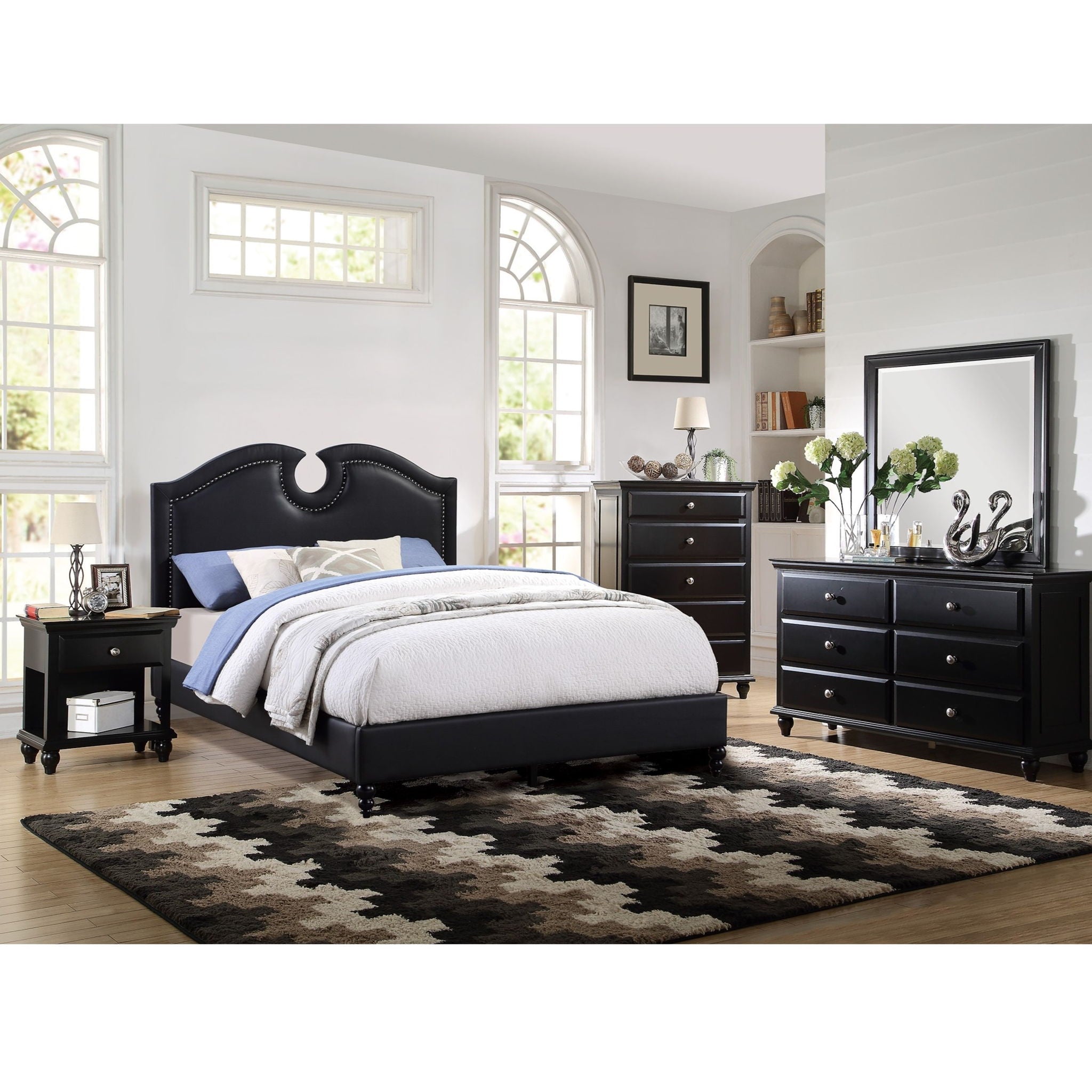 California King Size Bed With Nailhead Trim And Cut Out - Black
