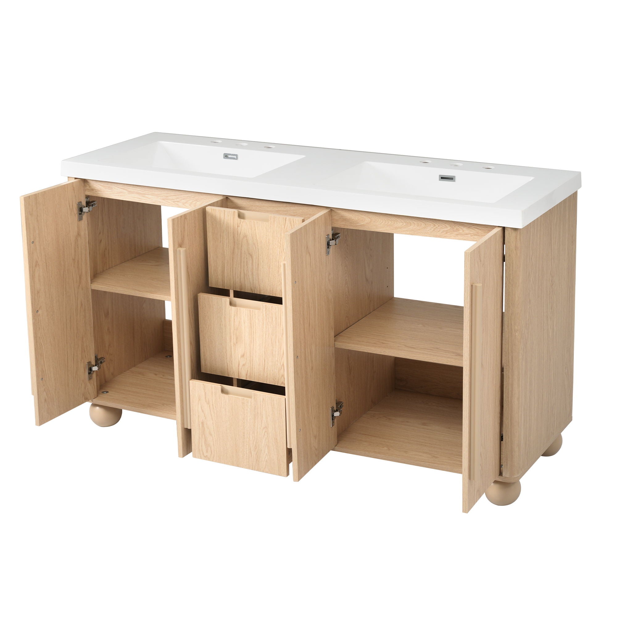 Double Sink Bathroom Vanity With Sinks, Soft Close Doors & 3 Drawers - Wood