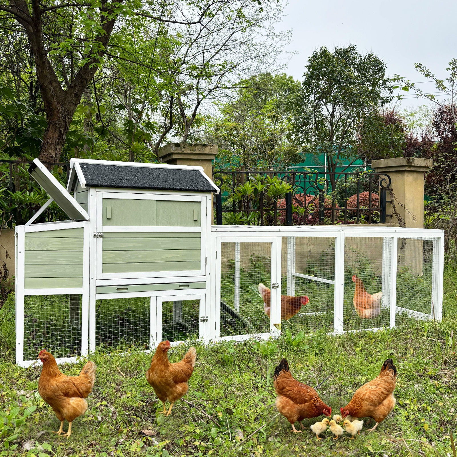 Chicken Coop, Large Outdoor Hen House With Run And Nesting Box Poultry Cage, Rabbit Hutch - Gray Green