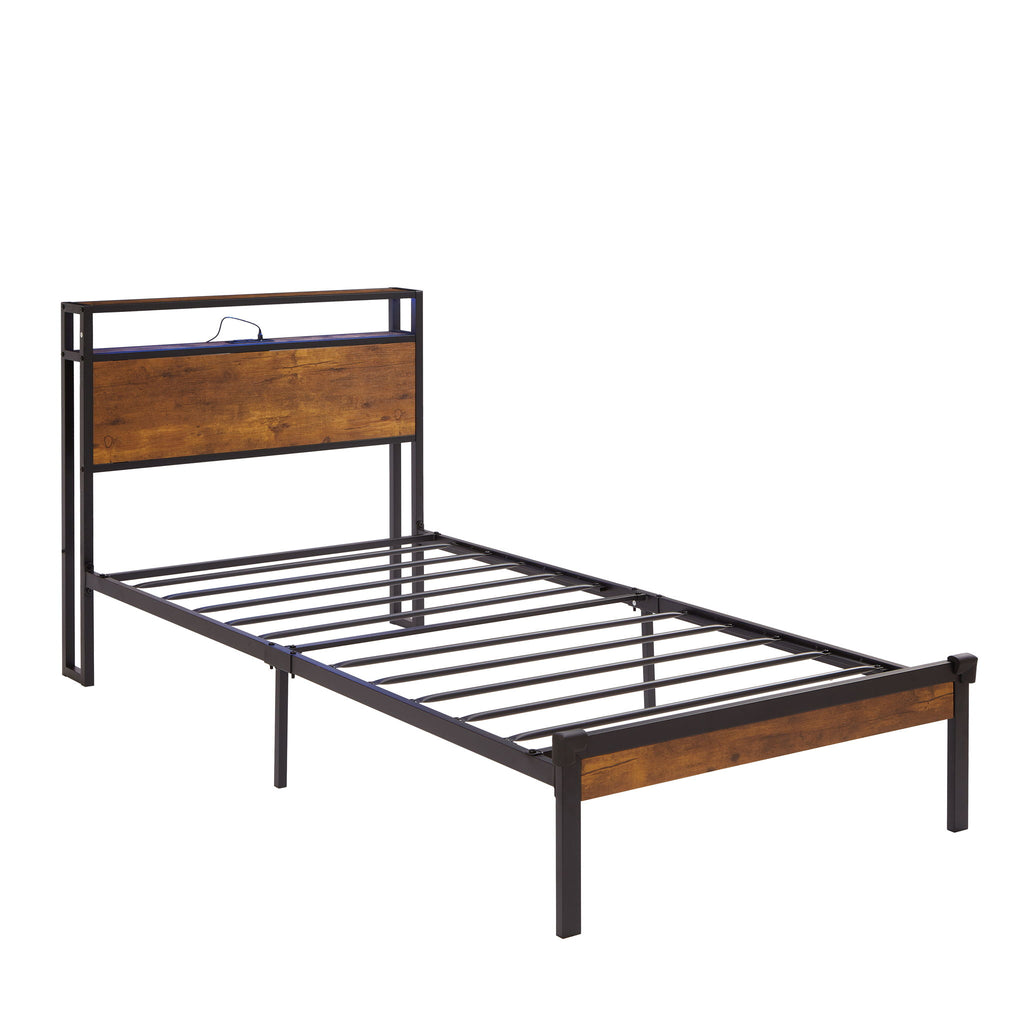 Twin Size Platform Bed Frame, LED Lights With Remote Control, USB Charging Port, Large Under Bed Storage - Black / Brown