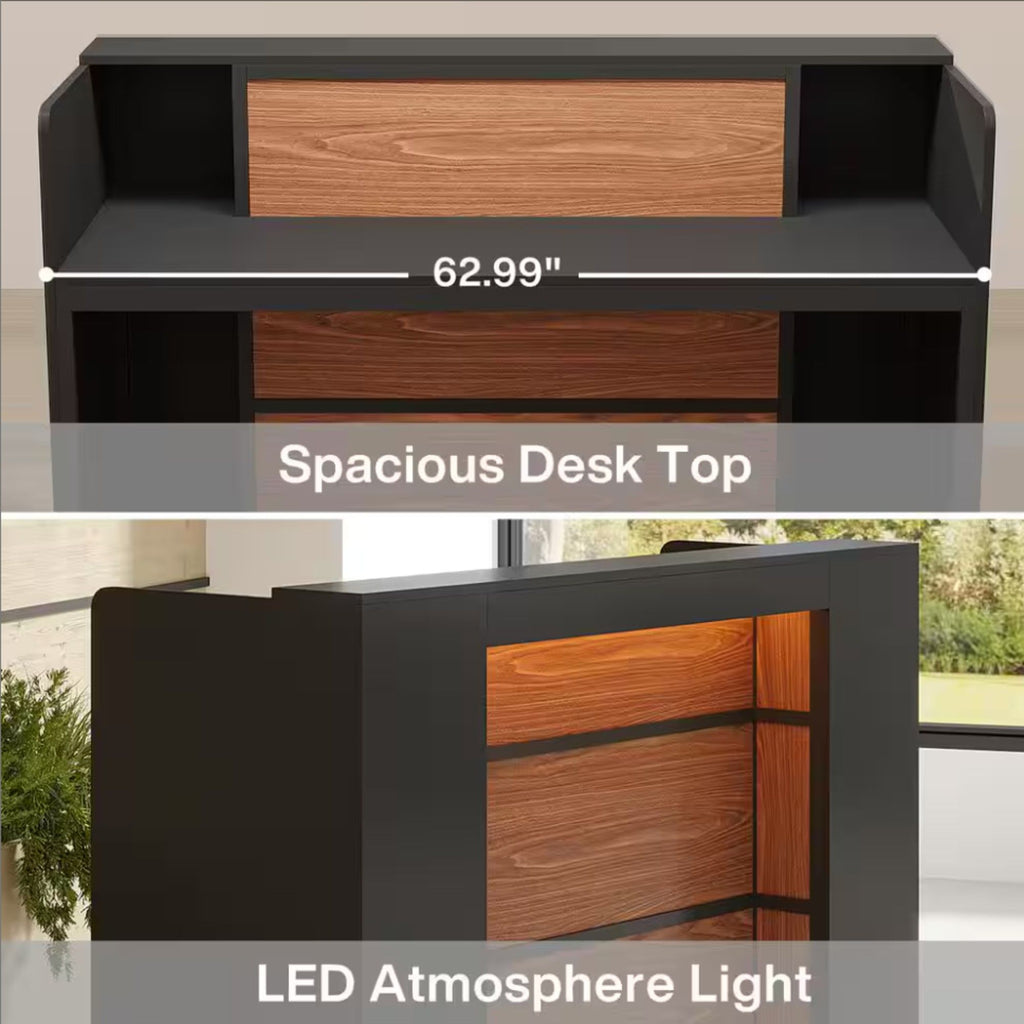 Reception Desk With LED Lights For Office - Black