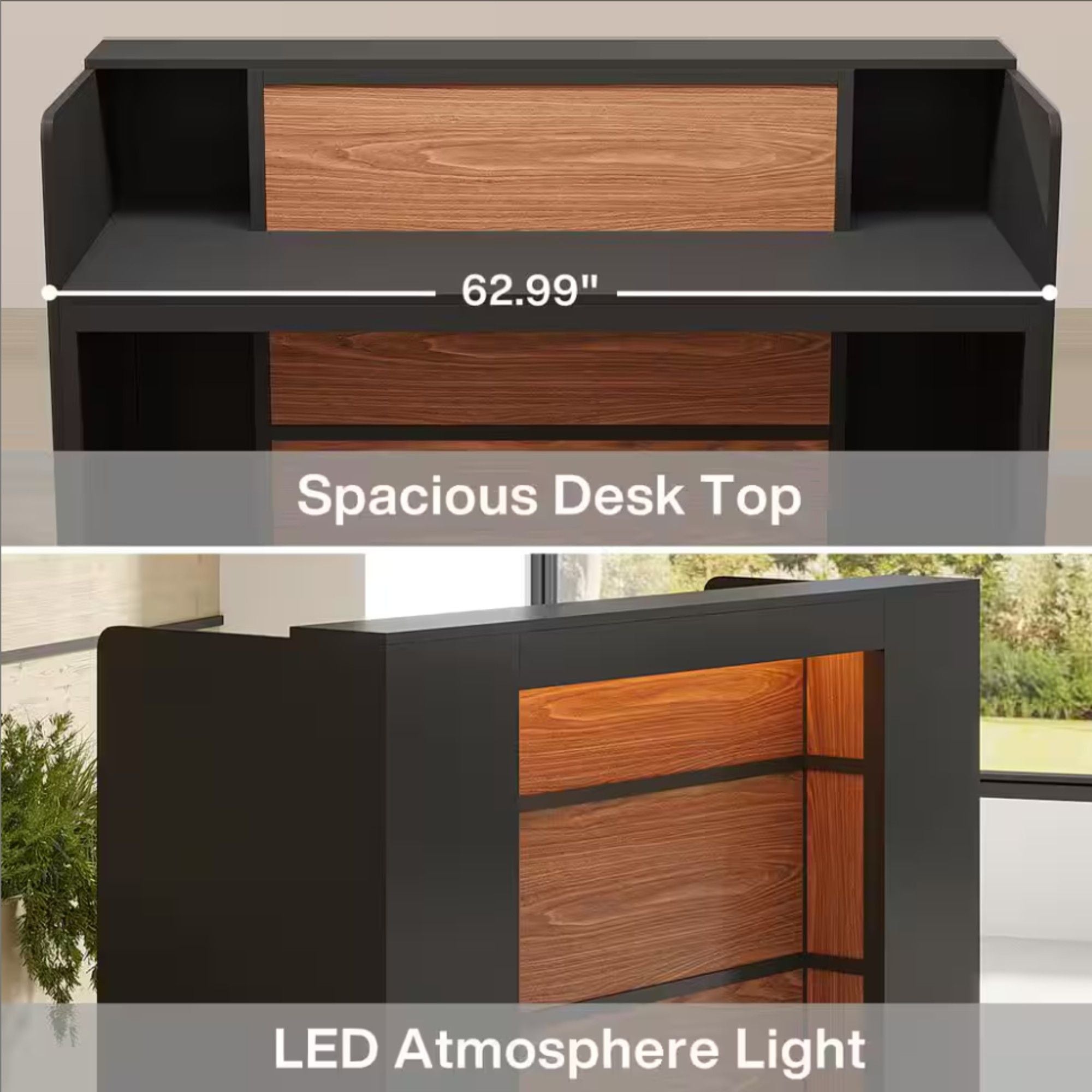 Reception Desk With LED Lights For Office - Black
