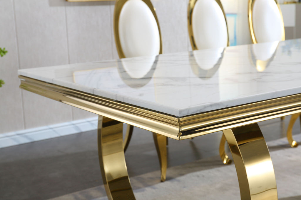 Modern Rectangular Marble Printing Dining Table, Double U Shape Stainless Steel Base With Mirrored Finish