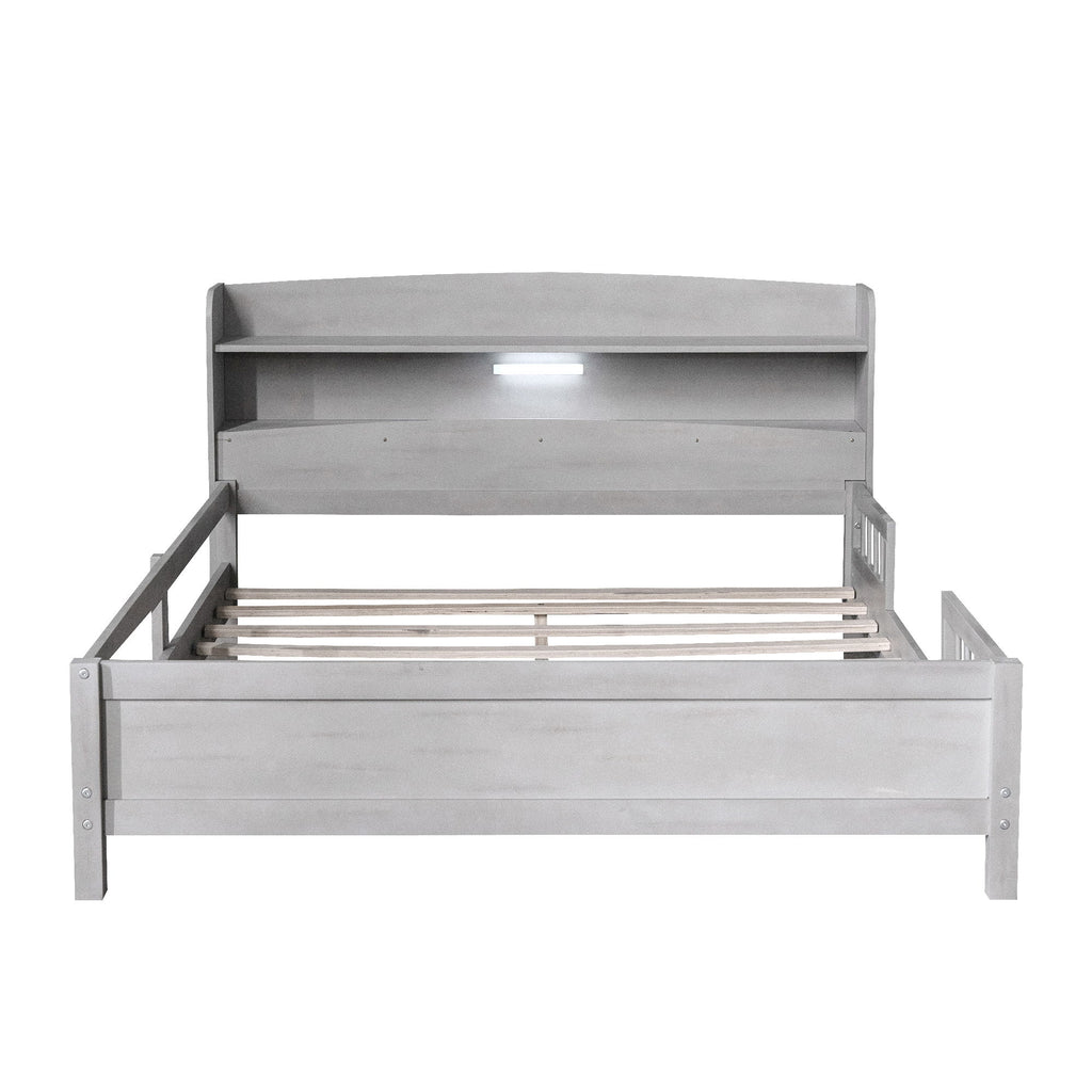 Wood Platform Bed With Built In LED Light, Storage Headboard And Guardrail