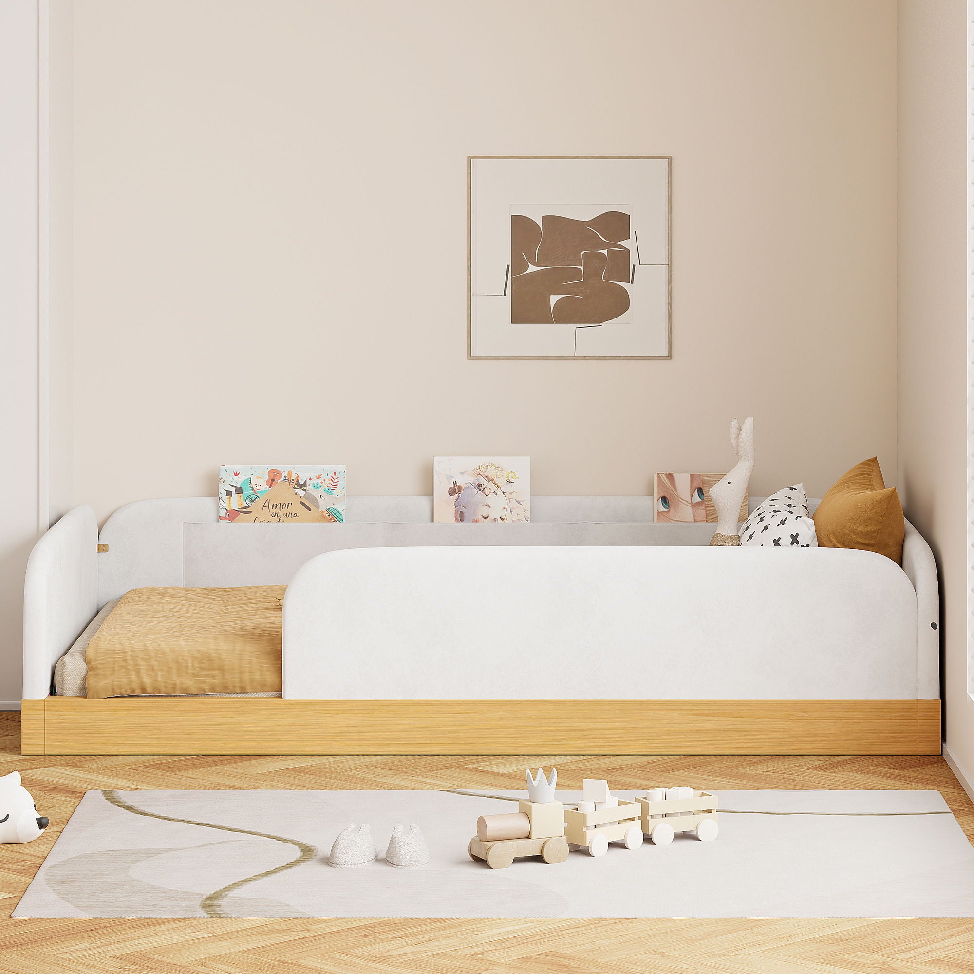 Twin Upholstered Platform Bed With Guardrail And Storage Bags - Natural