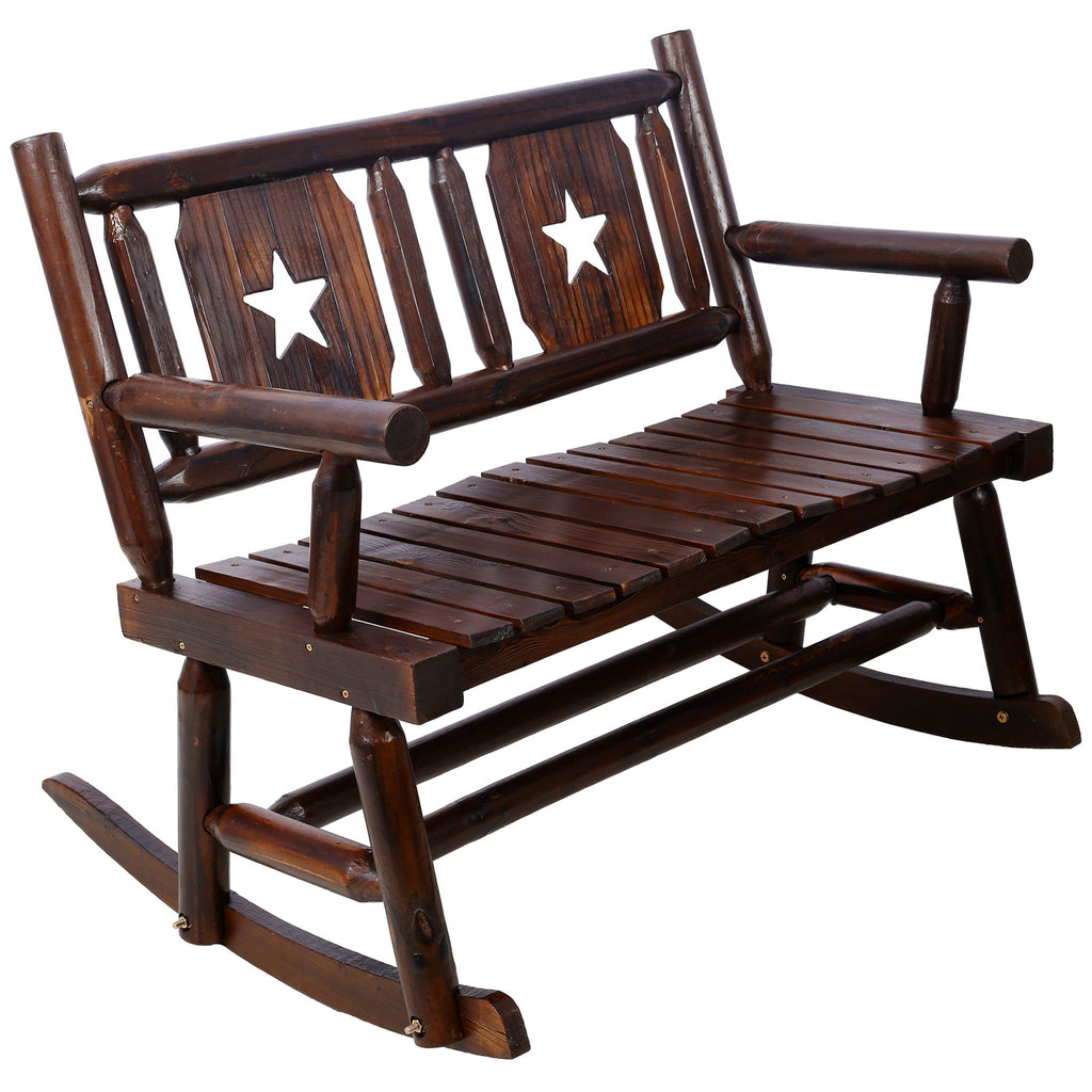 Rustic Outdoor Wood Rocking Bench Double Rocking Chair For 2 Persons With Curved Seat, Porch Rocker - Brown