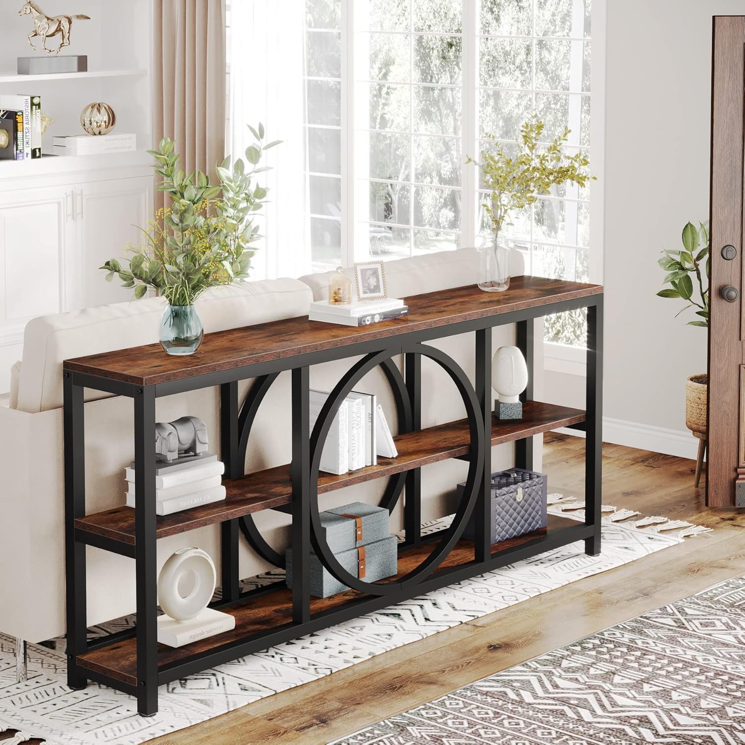 Extra Long Console Table With 3 Tier Open Shelves And Circular Frame - Brown / Black