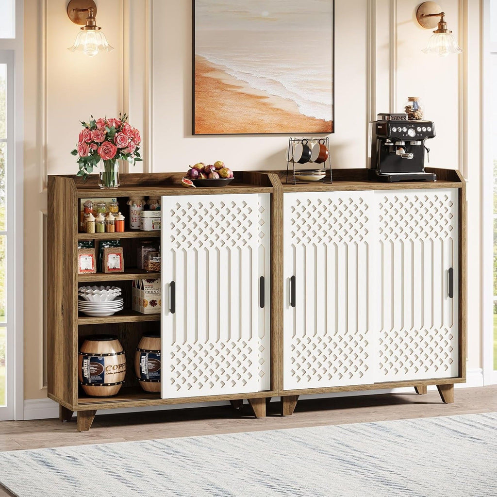 Sliding Door Sideboard Buffet Cabinet With Storage For Dining Room - Brown / White