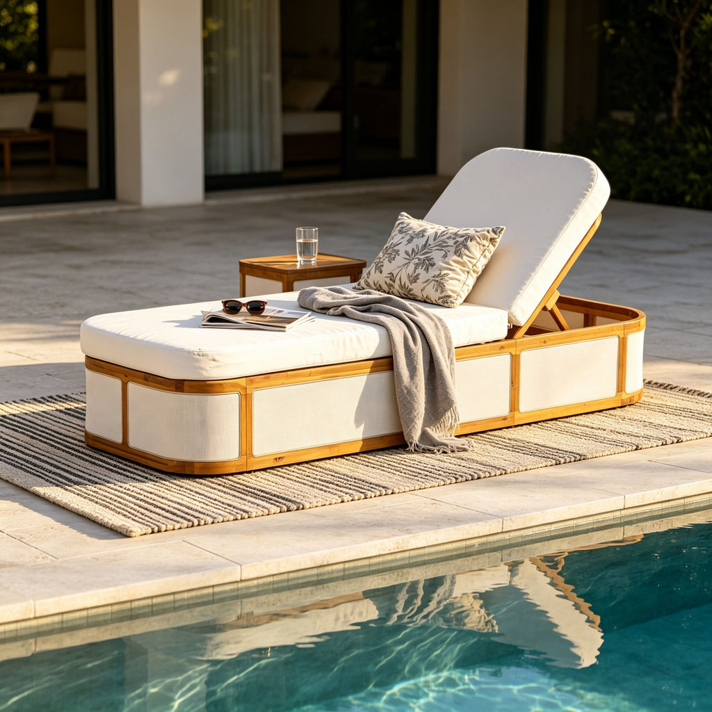Chaise Lounge Set With 2 Fold Cushion, 3 Position Backrest - Beige / Cream / Teak