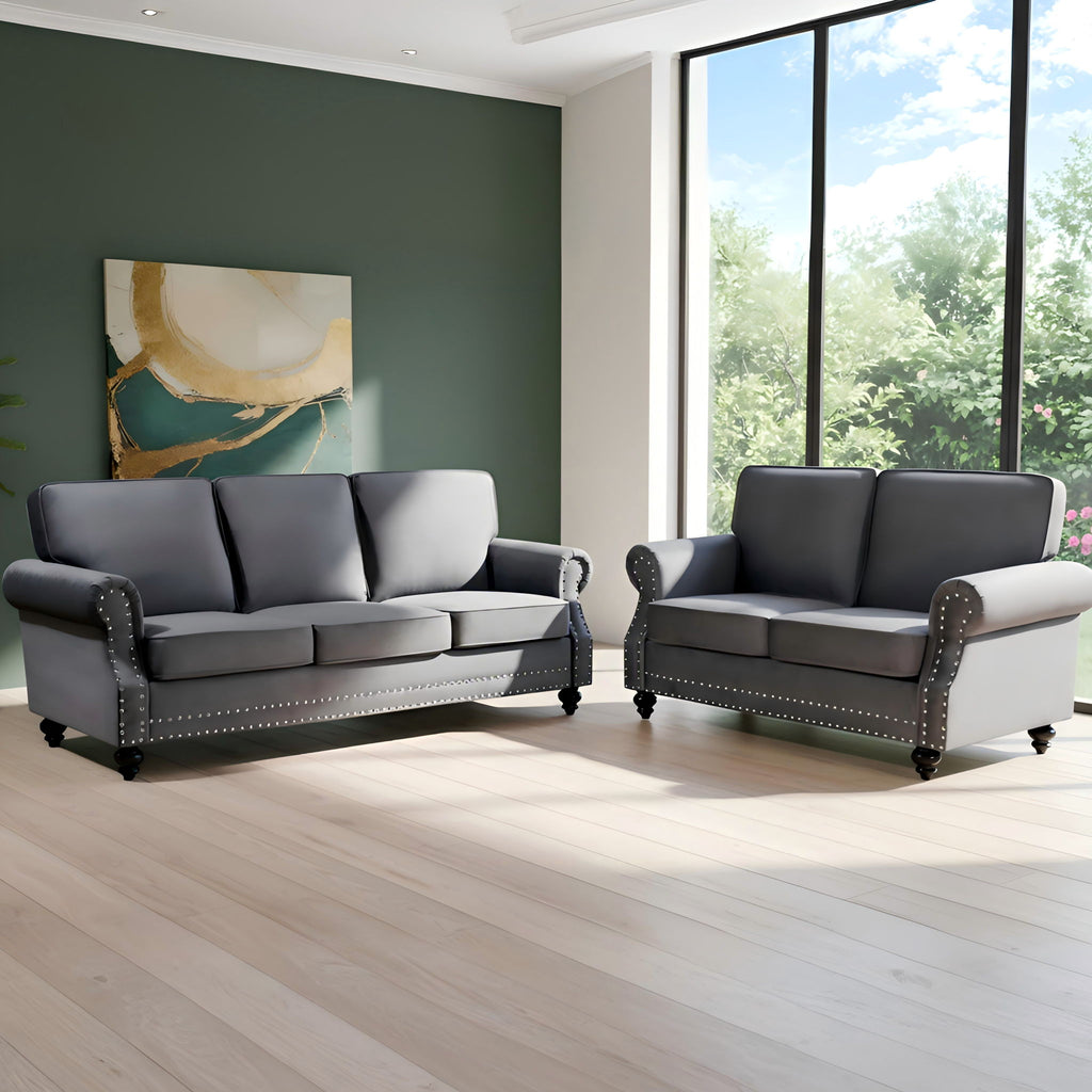 3 Seater Sofa With Nailhead Trim And Turned Legs For Living Room
