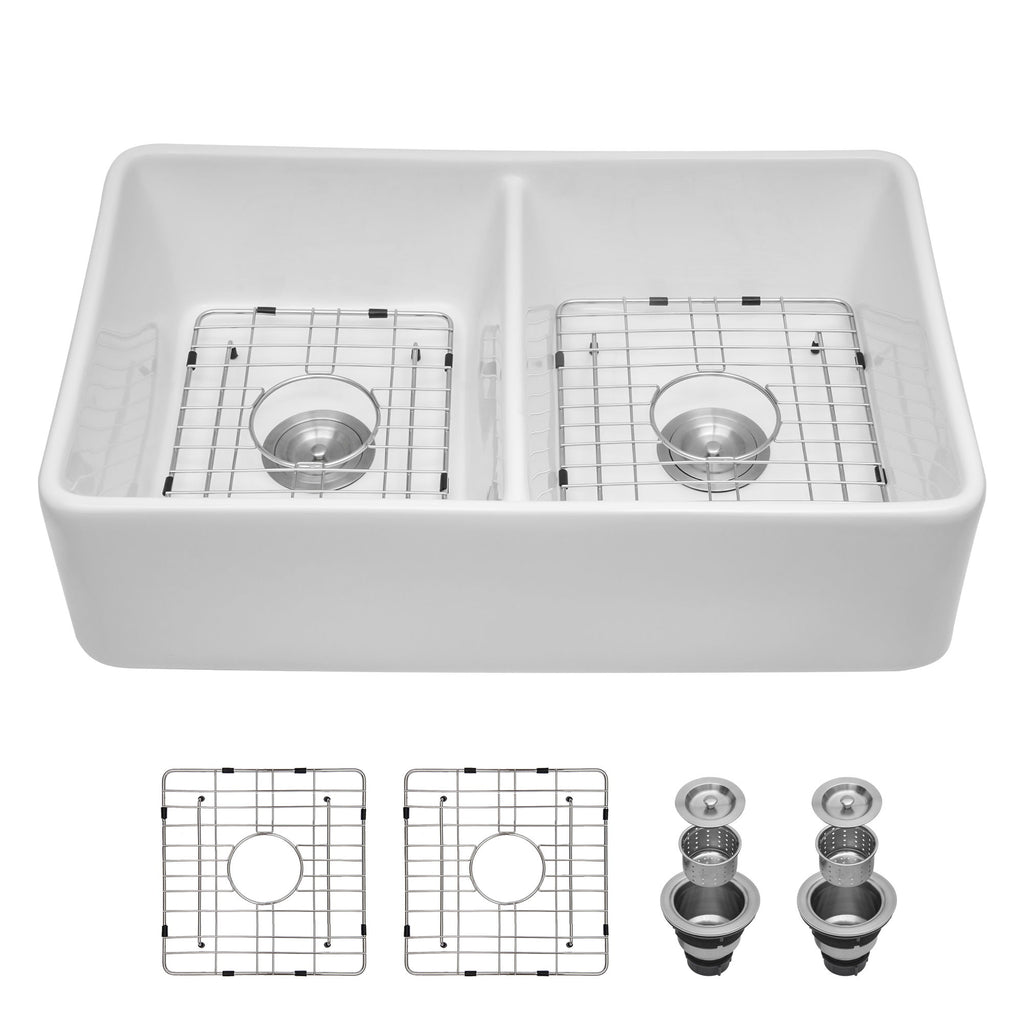 Double Bowl Apron Front Kitchen Sink 32", Sturdy And With Scratch Resistant - White