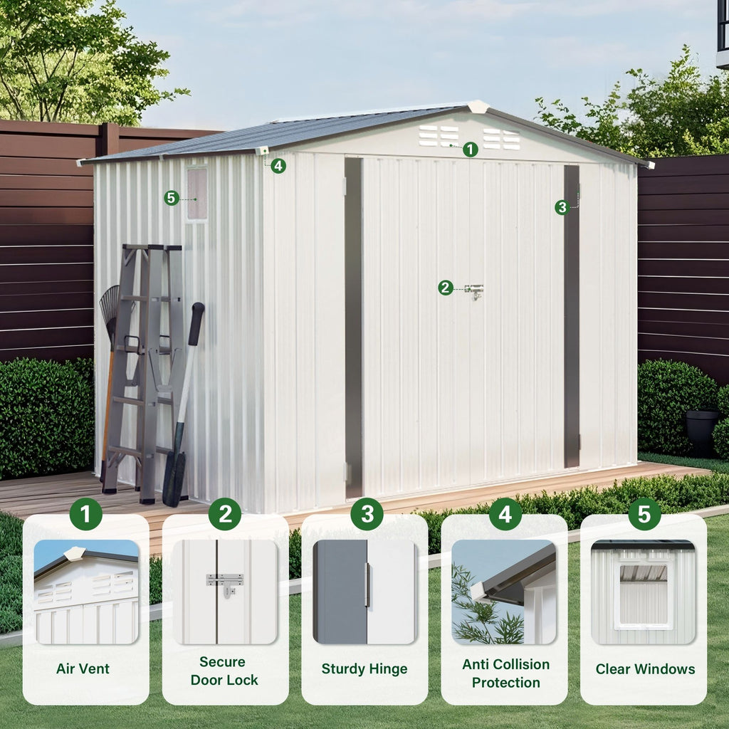 Outdoor Garden Storage Shed, Tool Shed With Pitched Roof Waterproof With 1 Window And 2 Lockable Door - White / Gray