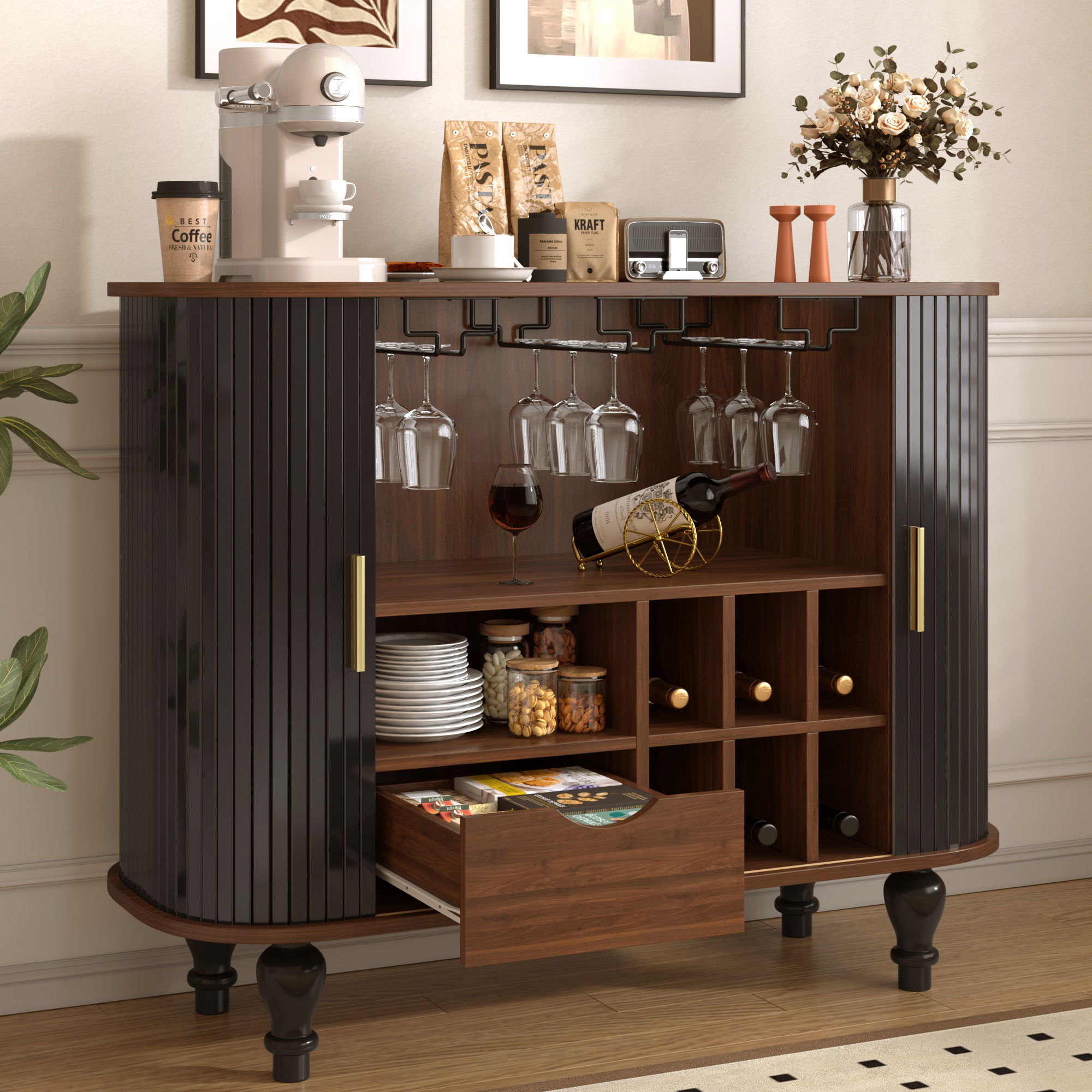Fluted Liquor & Coffee Bar Cabinet With 6 Wine Racks And 3 Glass Holders