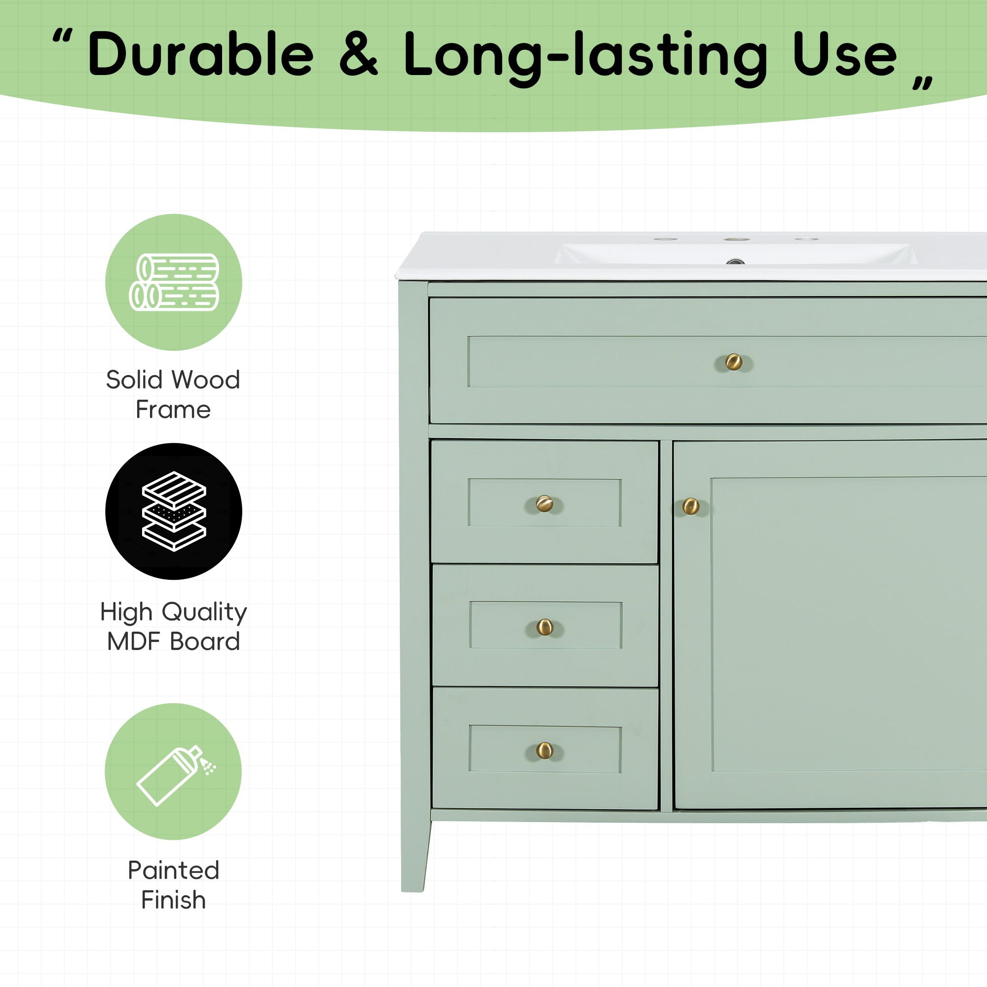 Bathroom Vanity With Sink, 3 Drawers & Cabinet With Adjustable Shelves