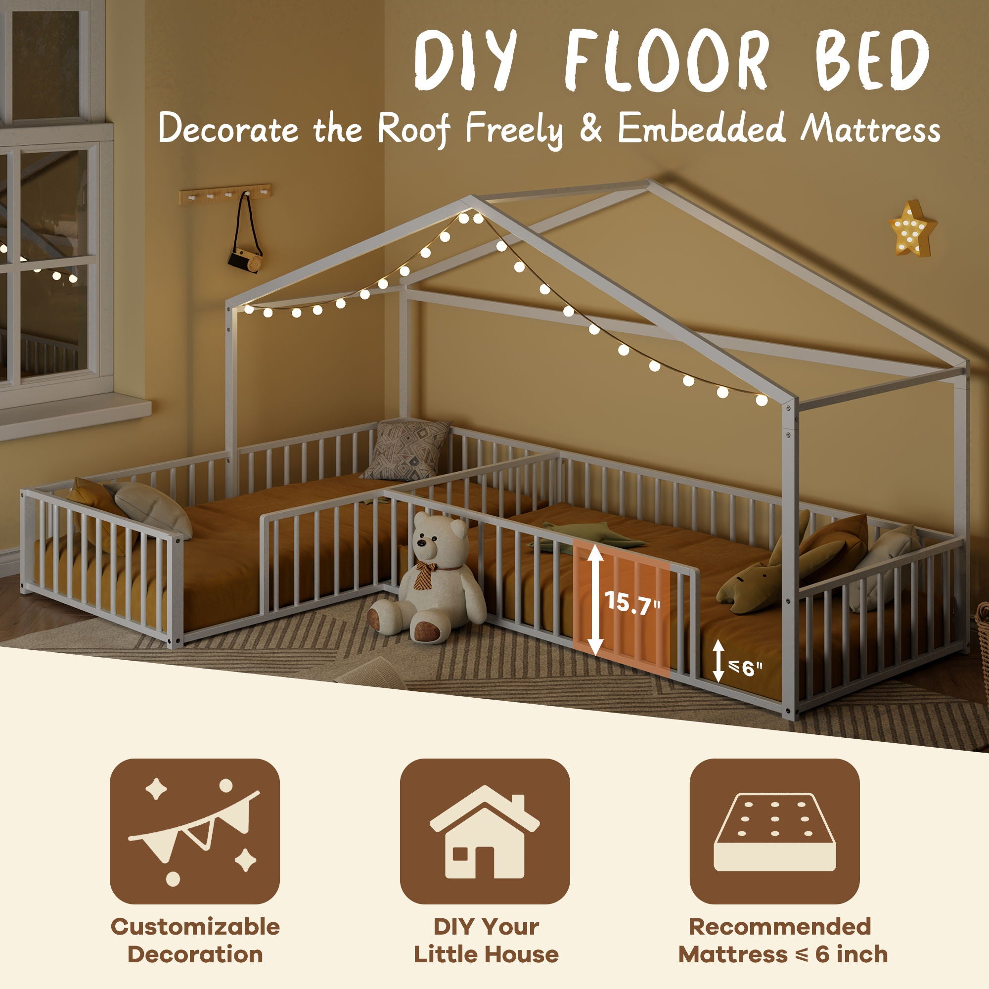 L-Shaped Montessori Bed For 2 Kids With Partitioned Fence