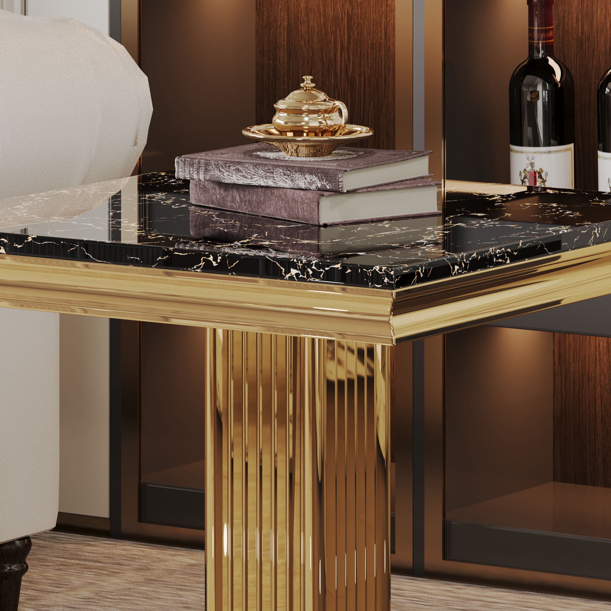 Marble Printed Rectangular End Table With Stainless Steel Legs - Gold / Black