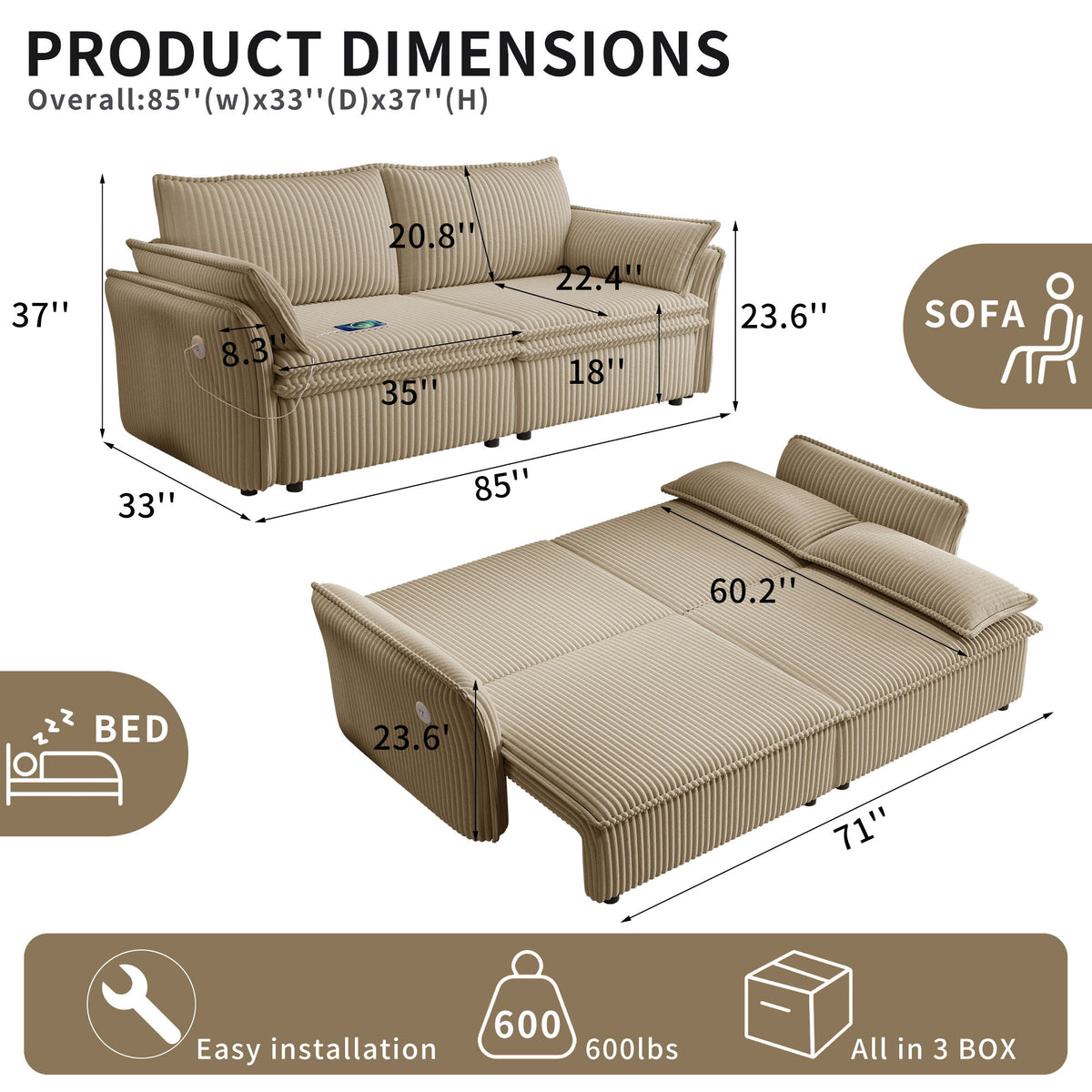 2 In 1 Convertible Sofa Bed, Multi Functional Living Room Furniture