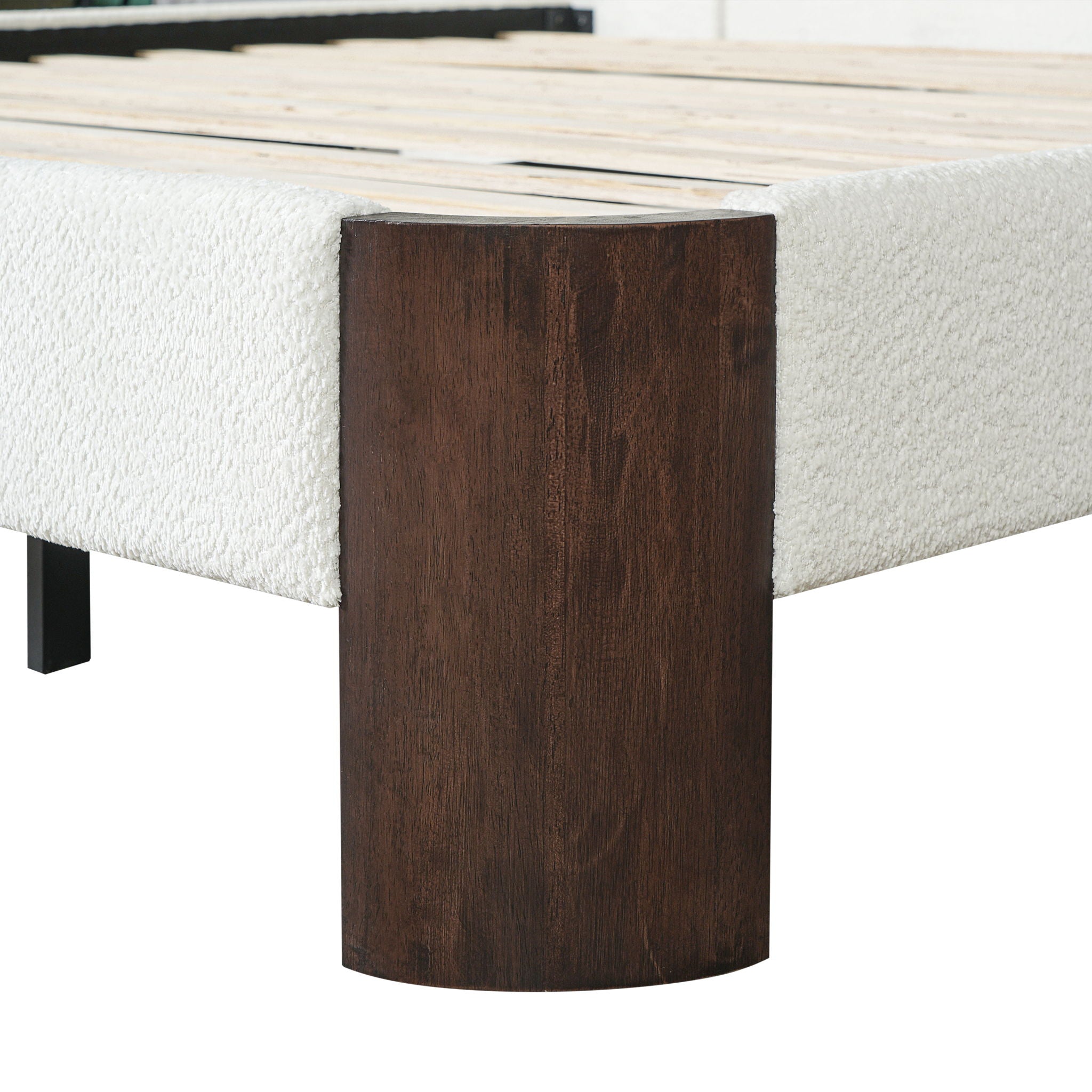 King Upholstered Platform Bed Frame With Curved Headboard, Built-In Floating Shelves, Wood Slats And Metal Support - White & Brown