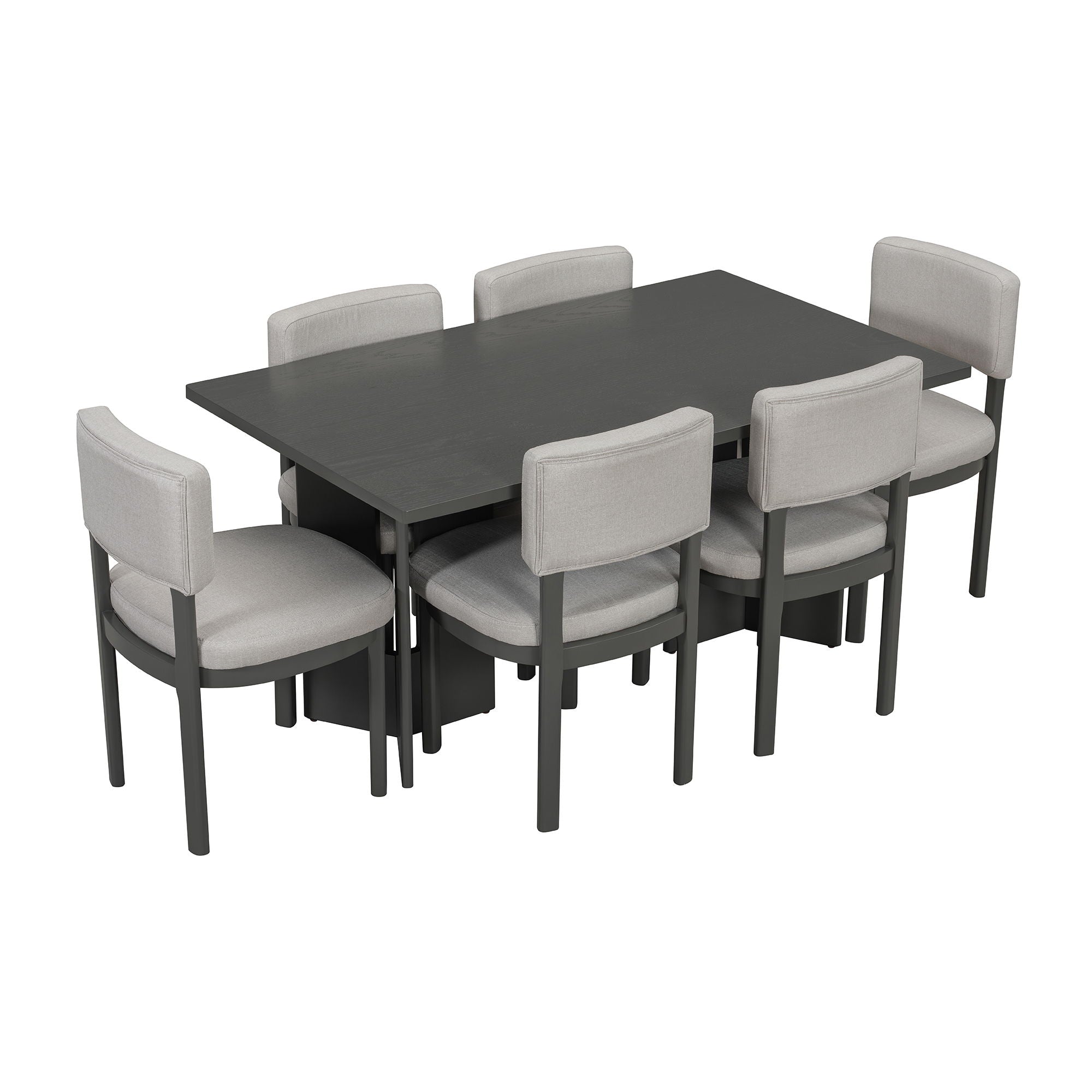 Dining Table Set With 6 Upholstered Chairs, Rectangular Table With Cutout Legs