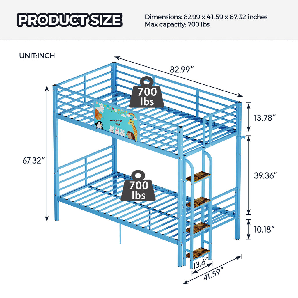 Bunk Bed, Convertible To 2 Separate Twin Size Beds With Full Length Guardrail & Ladder, No Box Spring Needed - Blue