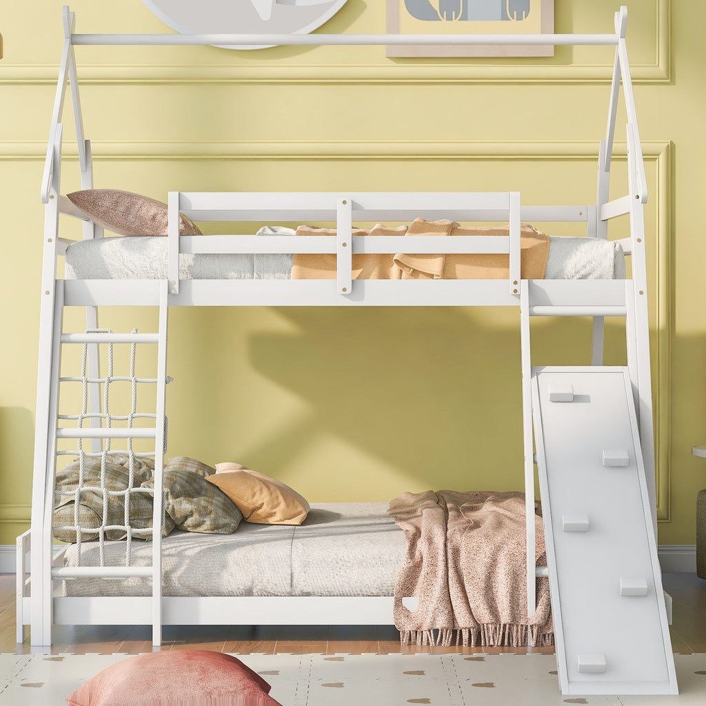 Twin Over Queen House Bunk Bed With Climbing Nets And Ramp - White
