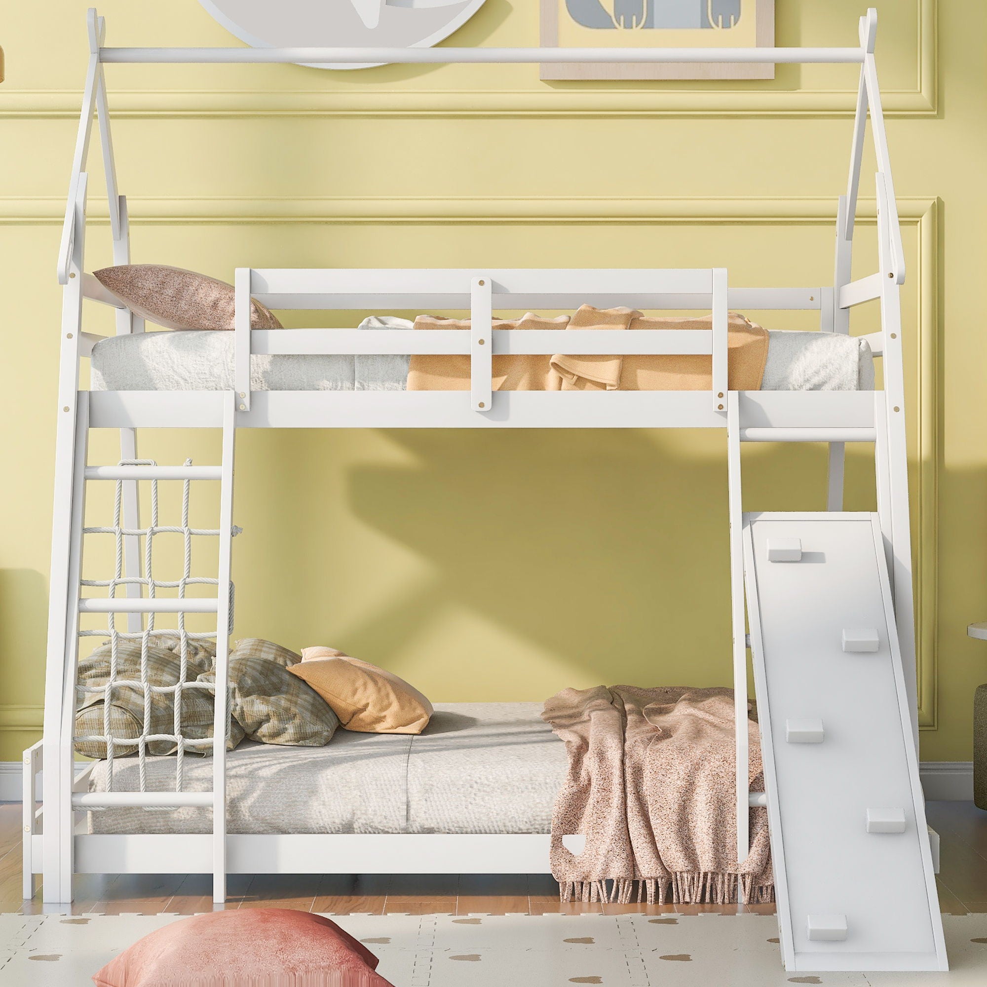 Twin Over Queen House Bunk Bed With Climbing Nets And Ramp - White