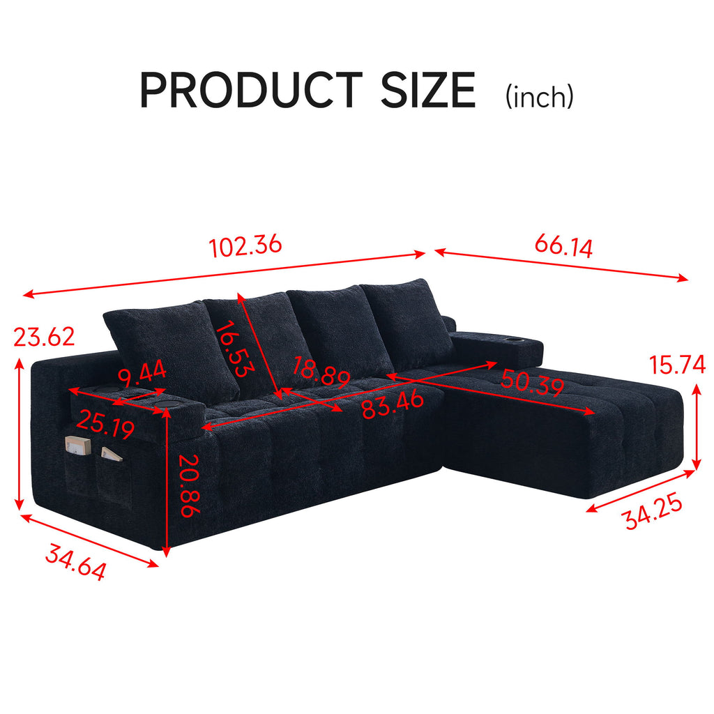 L - Shaped Sectional Sofa With Side Pockets, Wireless Charging, USB Ports, Cup Holder, Bluetooth Speaker, Reversible Lounge Chaise - Black