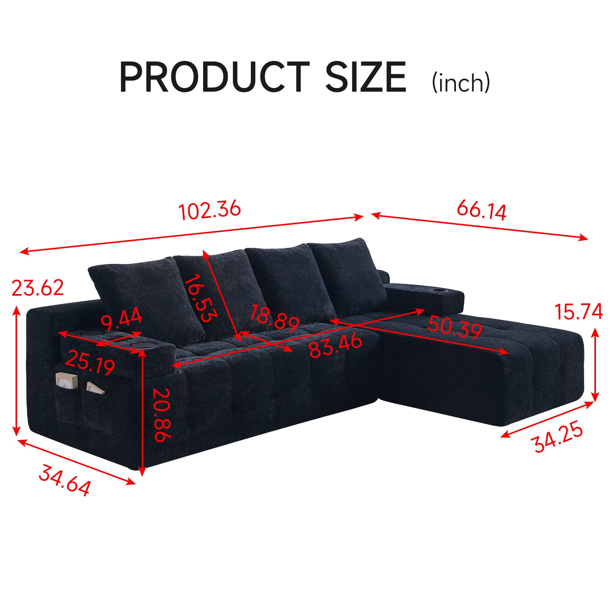 L - Shaped Sectional Sofa With Side Pockets, Wireless Charging, USB Ports, Cup Holder, Bluetooth Speaker, Reversible Lounge Chaise - Black