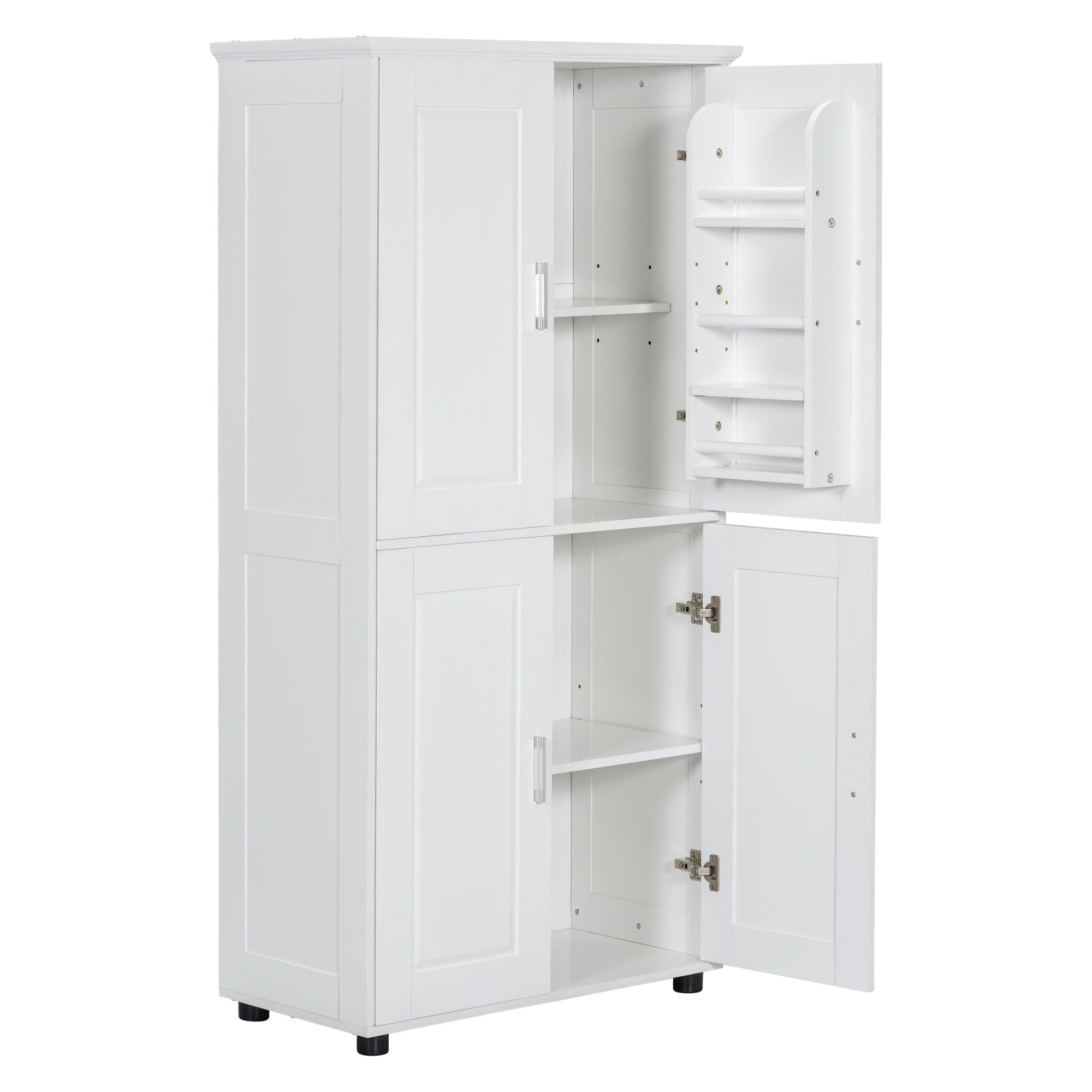 Tall And Wide Bathroom Floor Storage Cabinet With 4 Doors, Adjustable Shelves - White