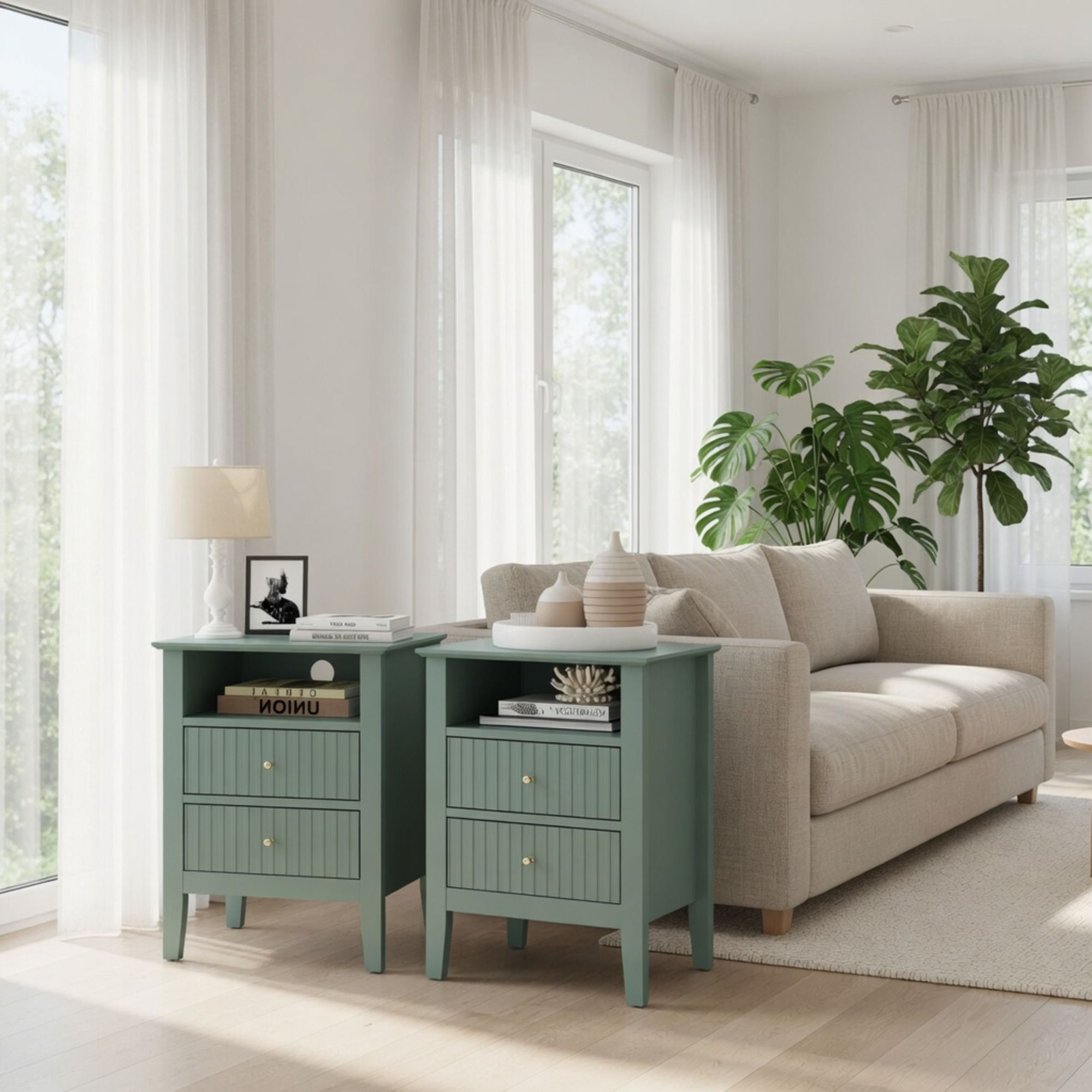 Fluted Nightstand With 2 Drawers