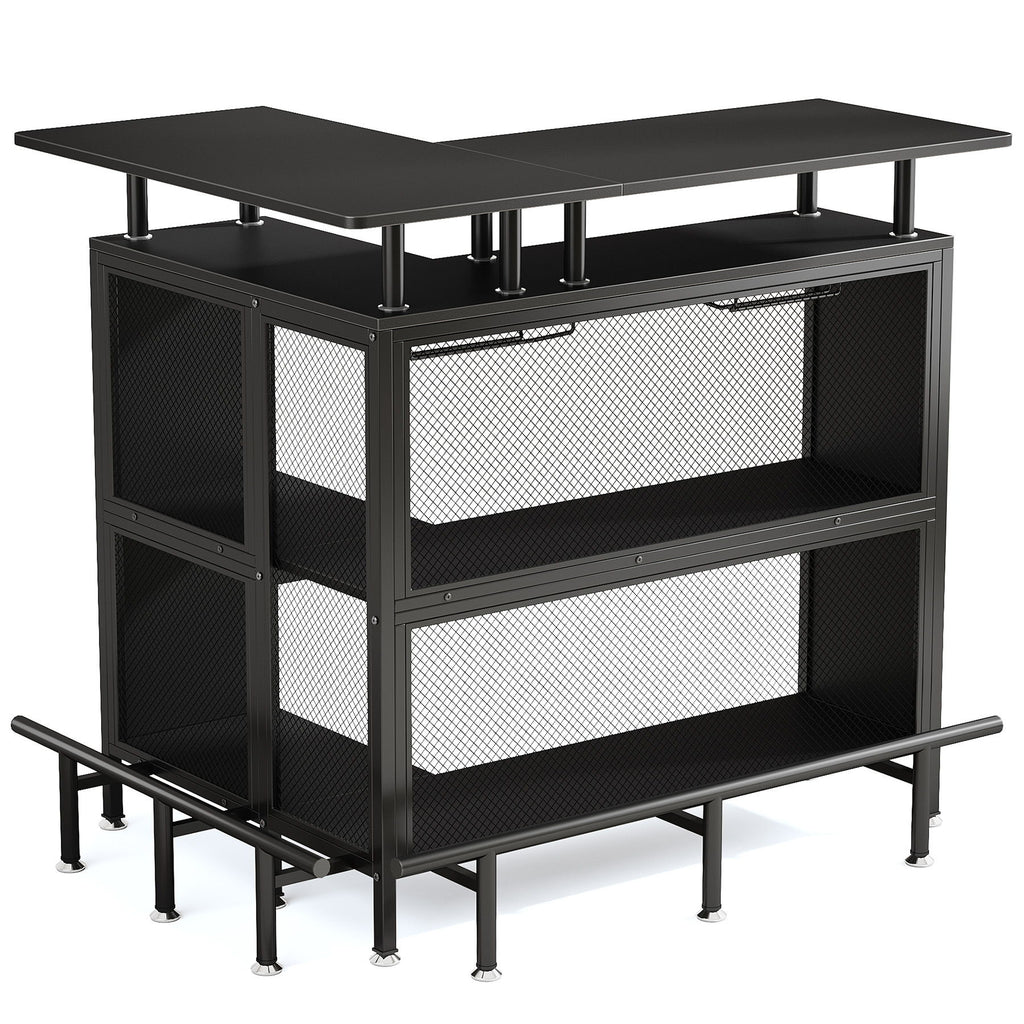 L Shaped Home Mini Bar Table With 2 Tier Shelves & Glass Racks - Black