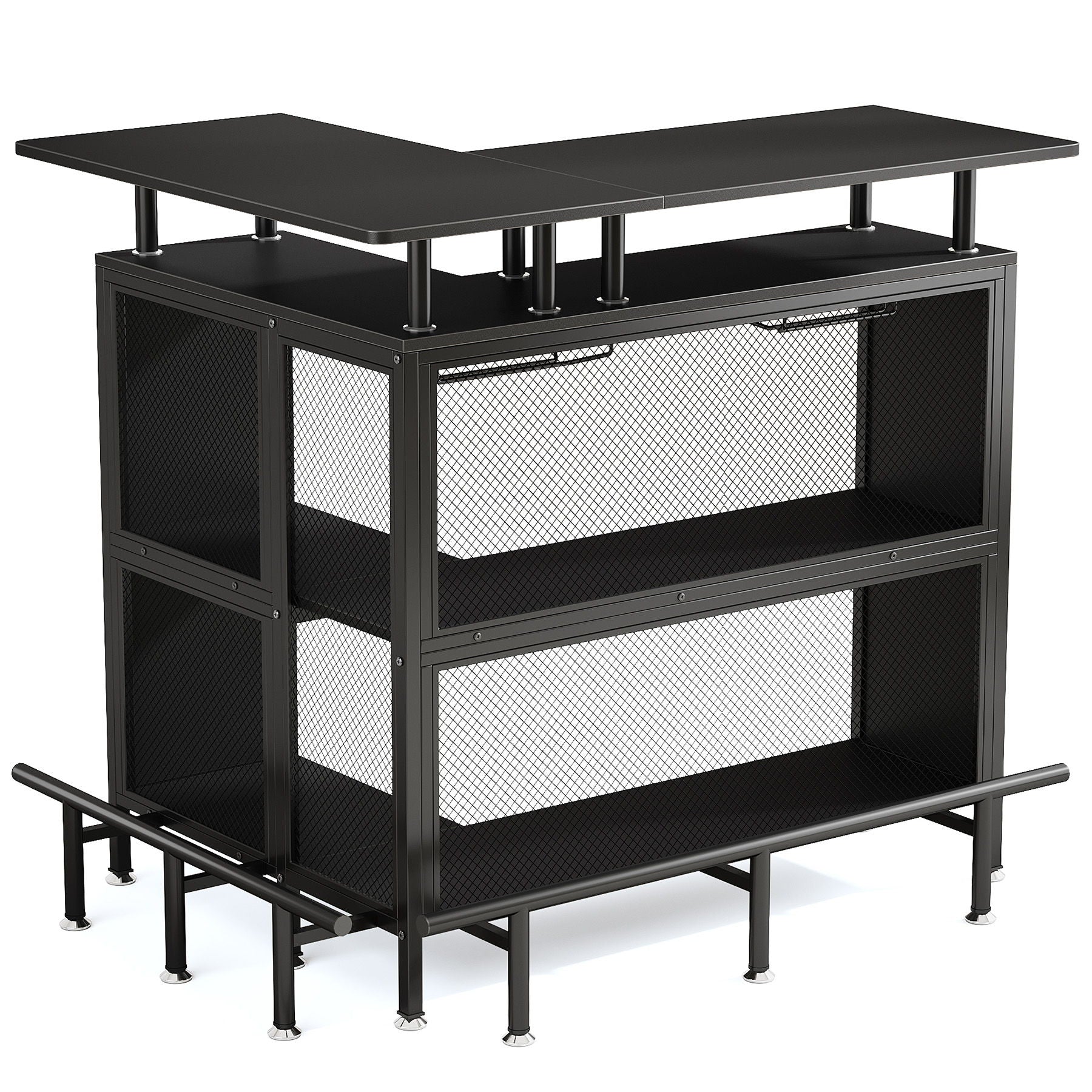 L Shaped Home Mini Bar Table With 2 Tier Shelves & Glass Racks - Black